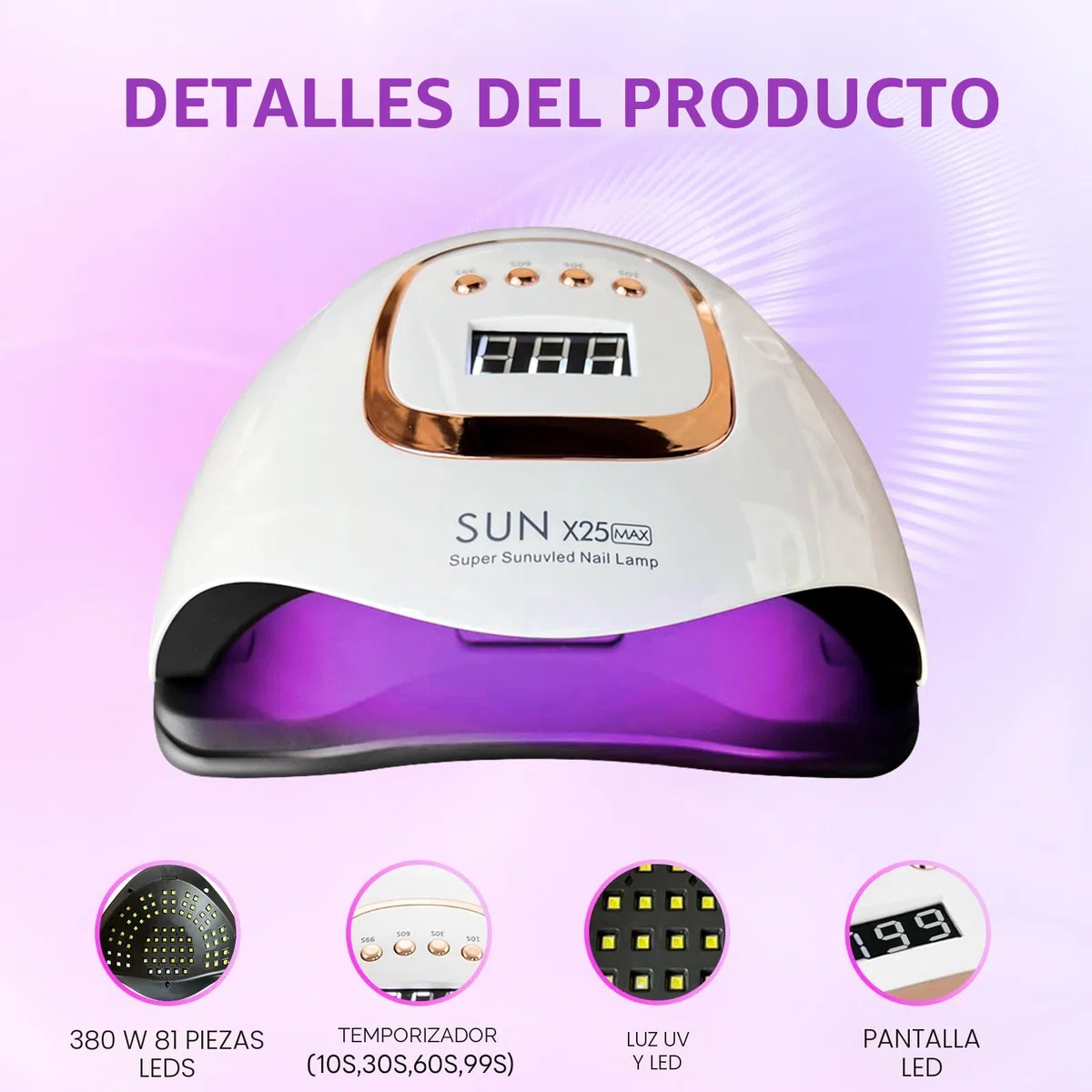 Lámpara de uñas UV LED de 380 W, con 81 perlas LED, secador profesional para esmalte de gel, luz UV con 4 ajustes de temporizador, sensor automático, pantalla LCD