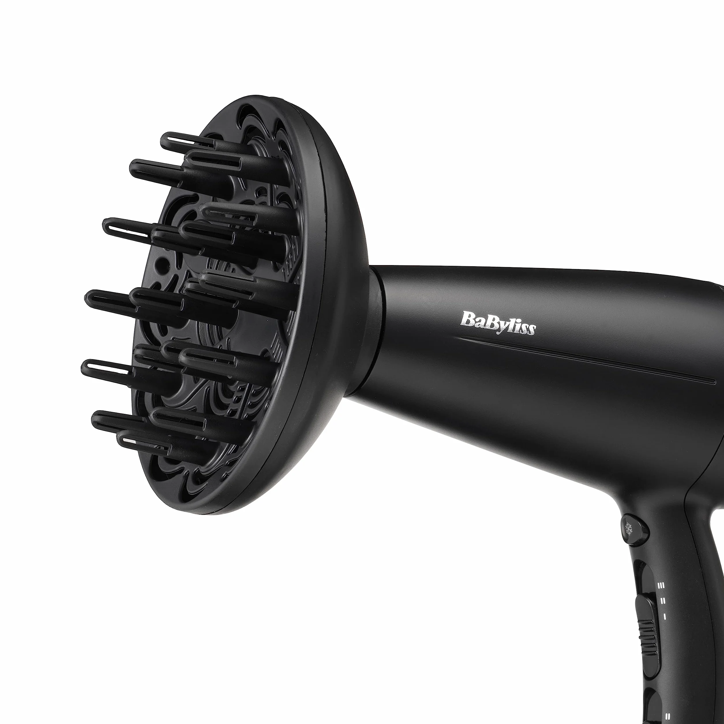 BaByliss Secador de Pelo Turbo Smooth - Secador potente de 2200W, Difusor grande, Tecnología iónica antiencrespamiento, 3 ajustes de temperatura 2 velocidades, Negro, D572DE
