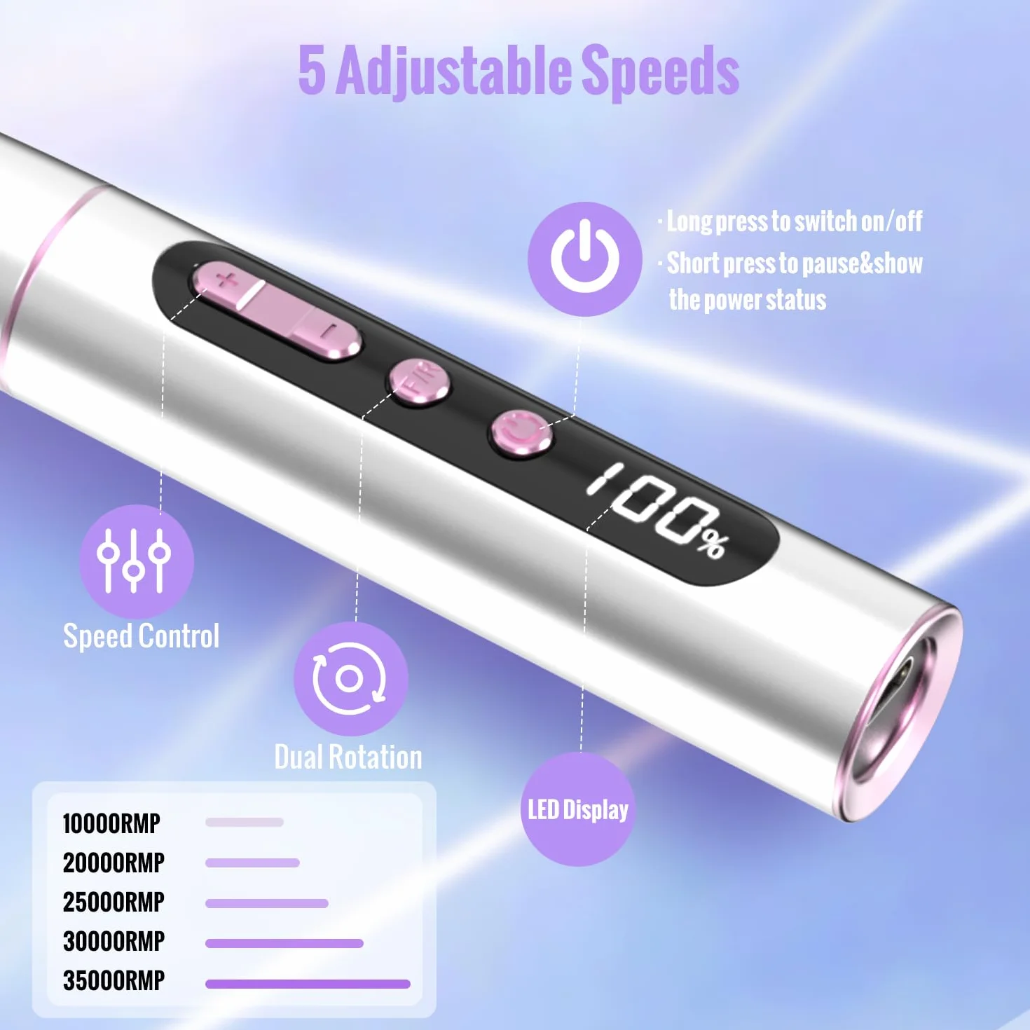 Torno para Uñas Profesional 35000 RPM, 12 en 1 Lima Eléctricas Uñas Nail Drill Machine, Kit de Manicura Pedicura Eléctrico Recargable por USB, Velocidad Ajustable para Salón DIY DN-2402