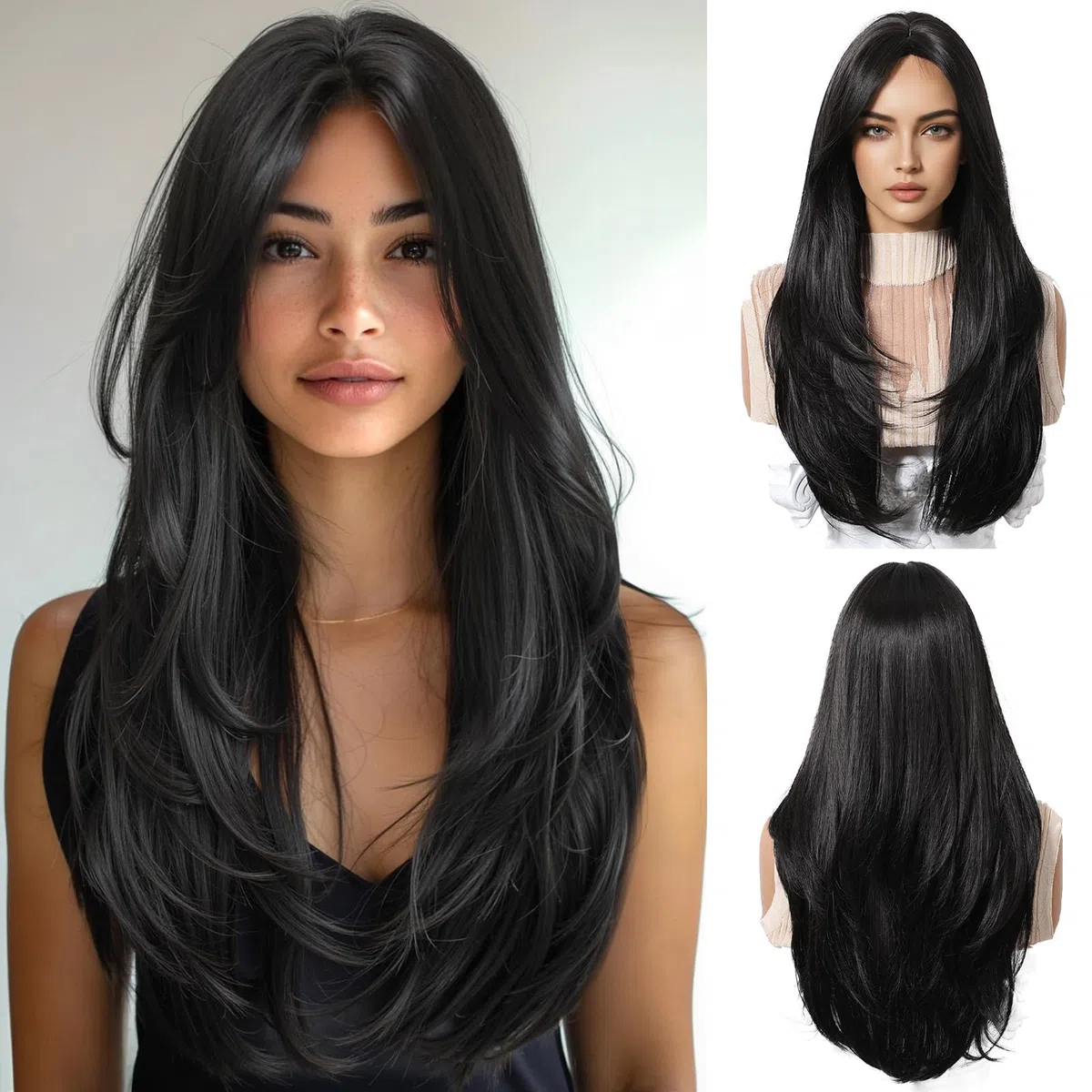 Peluca Larga de Mujer Negra con Flequillo Recto Natural Pelucas de Pelo Sintético Resistentes al Calor para Uso Diario en Fiestas Cosplay