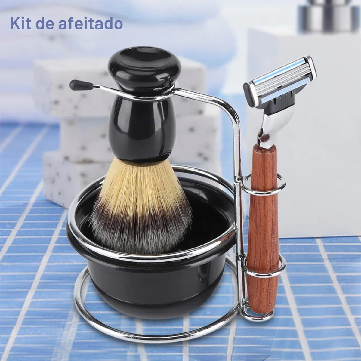 Kit de afeitado manual de seguridad con soporte, cepillo de afeitar de tejón, tazón de afeitar de espuma, kit de afeitado para barba de hombres con mango de acero inoxidable y madera, regalo para