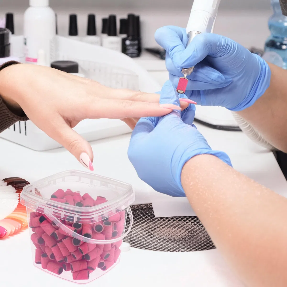 Bandas de lijado para taladro de uñas de grano 240, bandas de lijado de uñas extremadamente finas, 200 bandas de lijado profesionales rosas y 2 brocas de uñas para manicura y pedicura