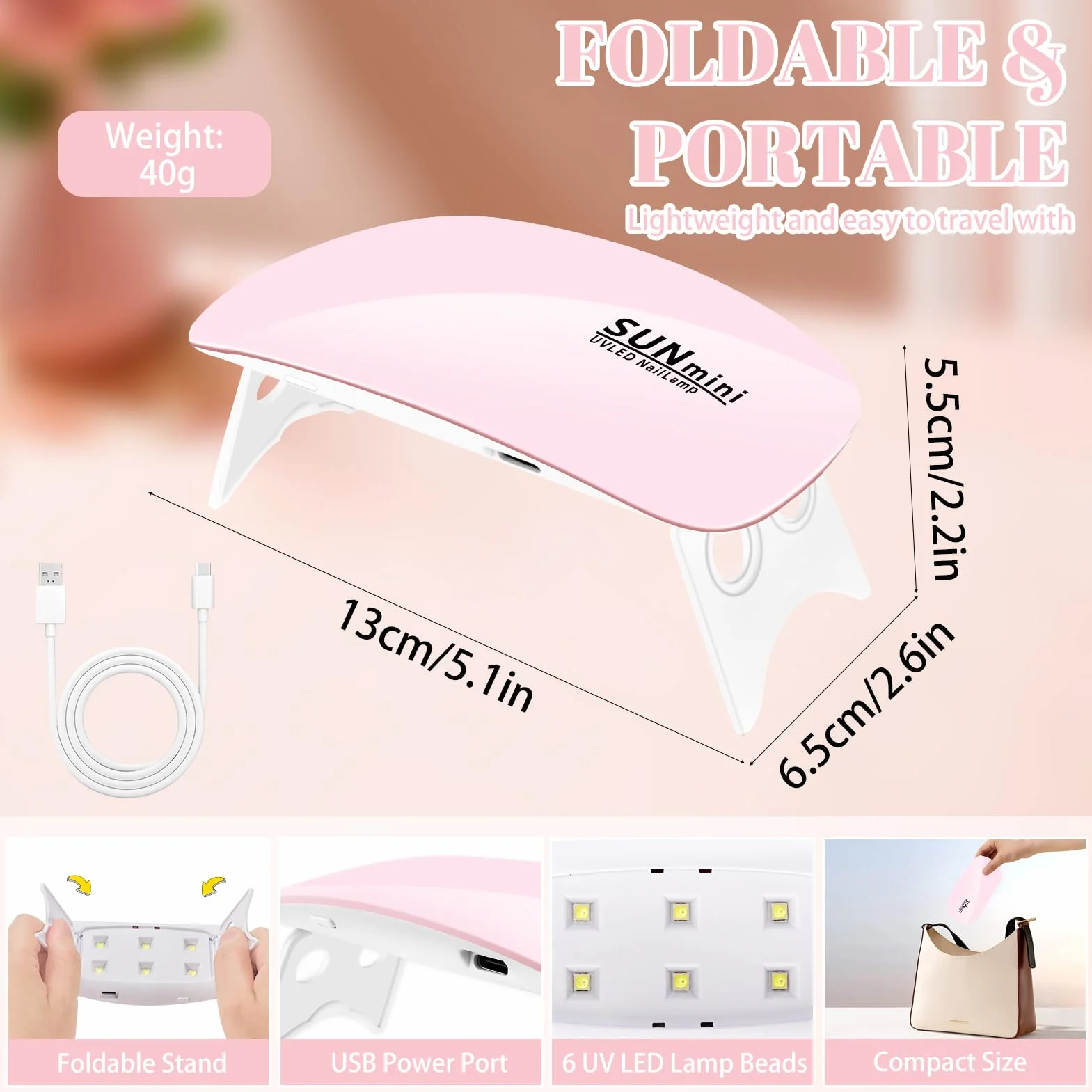 Pavlleen Mini Lampara UV Led Uñas, Secador de Uñas con Cable USB, Portable Plegable Lámpara Led Uñas de Gel con Temporizador 60s y 120s, para Salón de Uñas, Hogar, Viajar (Rosa)