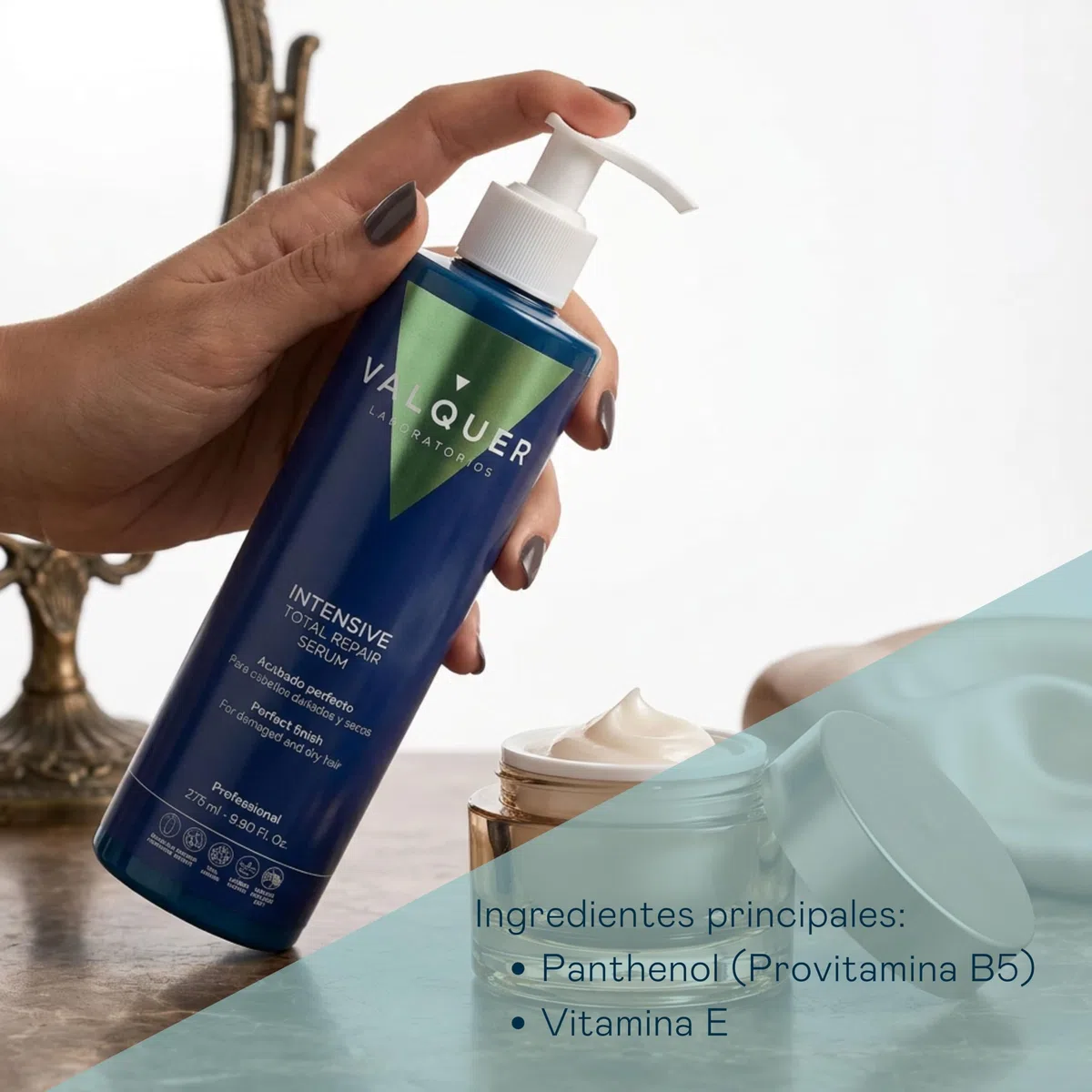 Valquer Sérum Capilar Intensivo Total Repair. Tratamiento Reparador para Cabellos Dañados y Secos con Panthenol y Vitamina E. Brillo, Suavidad y Acabado Perfecto. Vegano. 275 ml