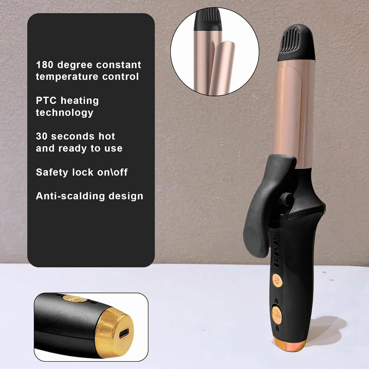 Mini rizador de pelo inalámbrico, pinzas portátiles de pelo rizado de viaje de 25 mm, con 3 niveles de calentamiento de temperatura, recargables por USB