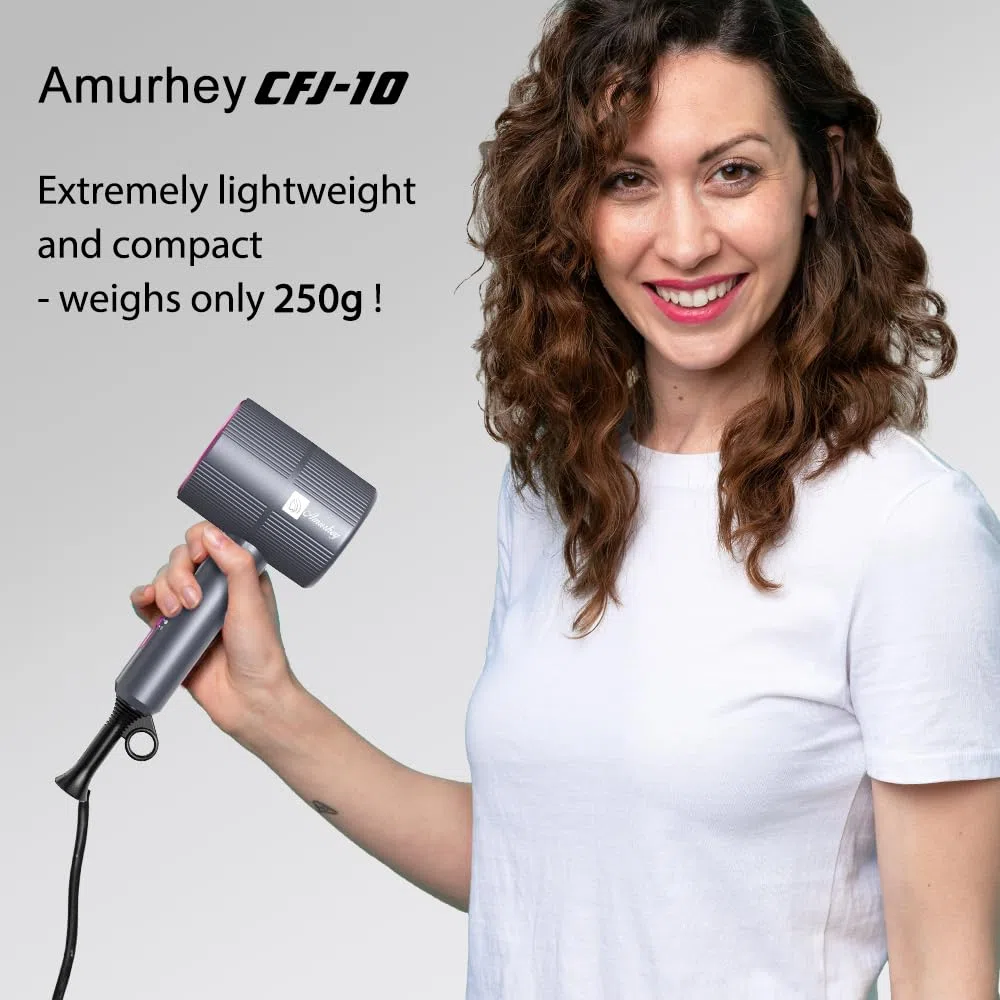 Secador de Pelo Iónico Amurhey con Flujo de Aire de 24 m/s– Ligero y Plegable (aprox. 250 g) – Secador de Viaje de 2000 W con Difusor y Concentrador – Hair Dryer con 110,000 RPM Motor Sin Escobillas
