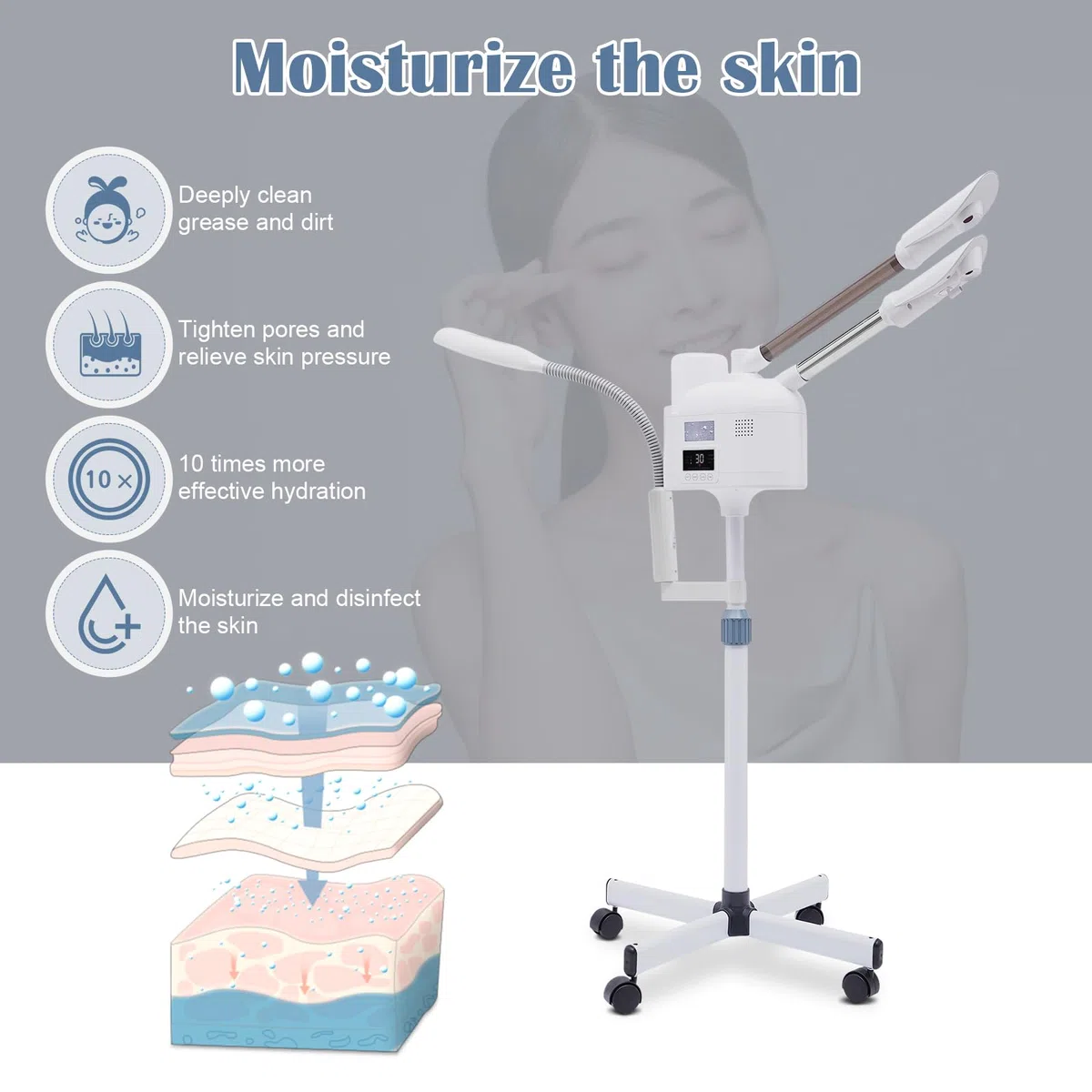 Vapozone Estética Profesional 3 en 1 Vapor Facial Cara Con Luz LED y Lupa Altura Ajustable Modo Caliente y Frío Boquilla Giratoria 360°, Para Salón de Belleza