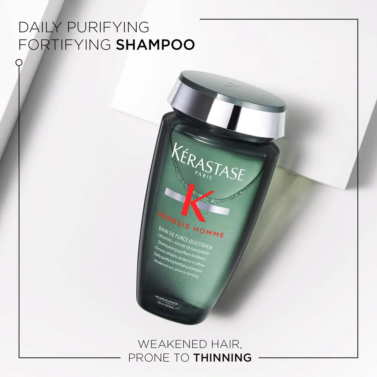Kérastase Genesis Homme, Champú Anticaída Purificante y Fortificante, Para barba debilitada y cabello con pérdida de densidad, Bain de Force Quotidien, 250 ml