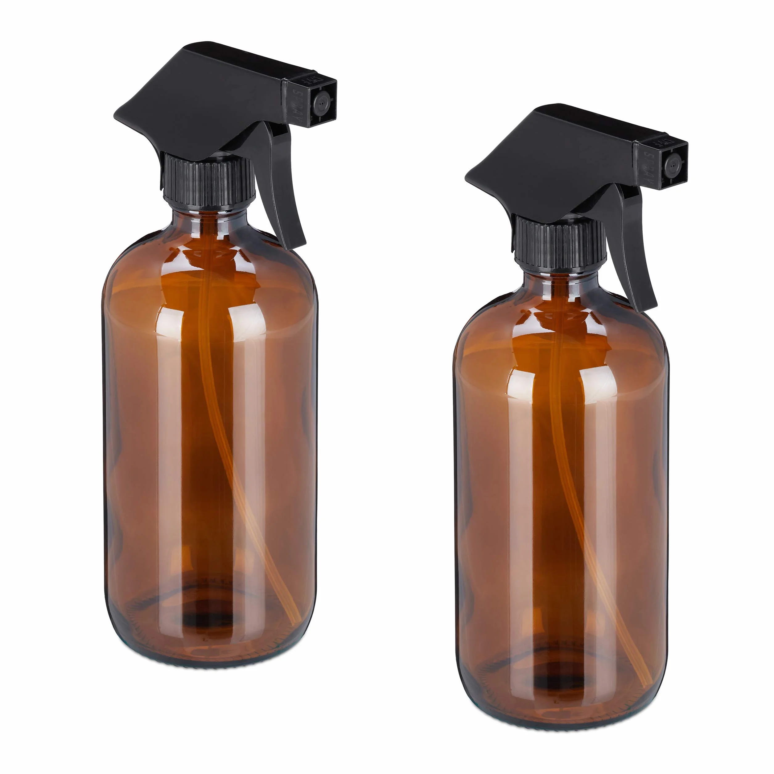Relaxdays Pulverizador Agua Cristal, 2 x 500 ml, Boquilla Niebla y Chorro, Cuidado Pelo, Rellenable, Atomizador, Marrón