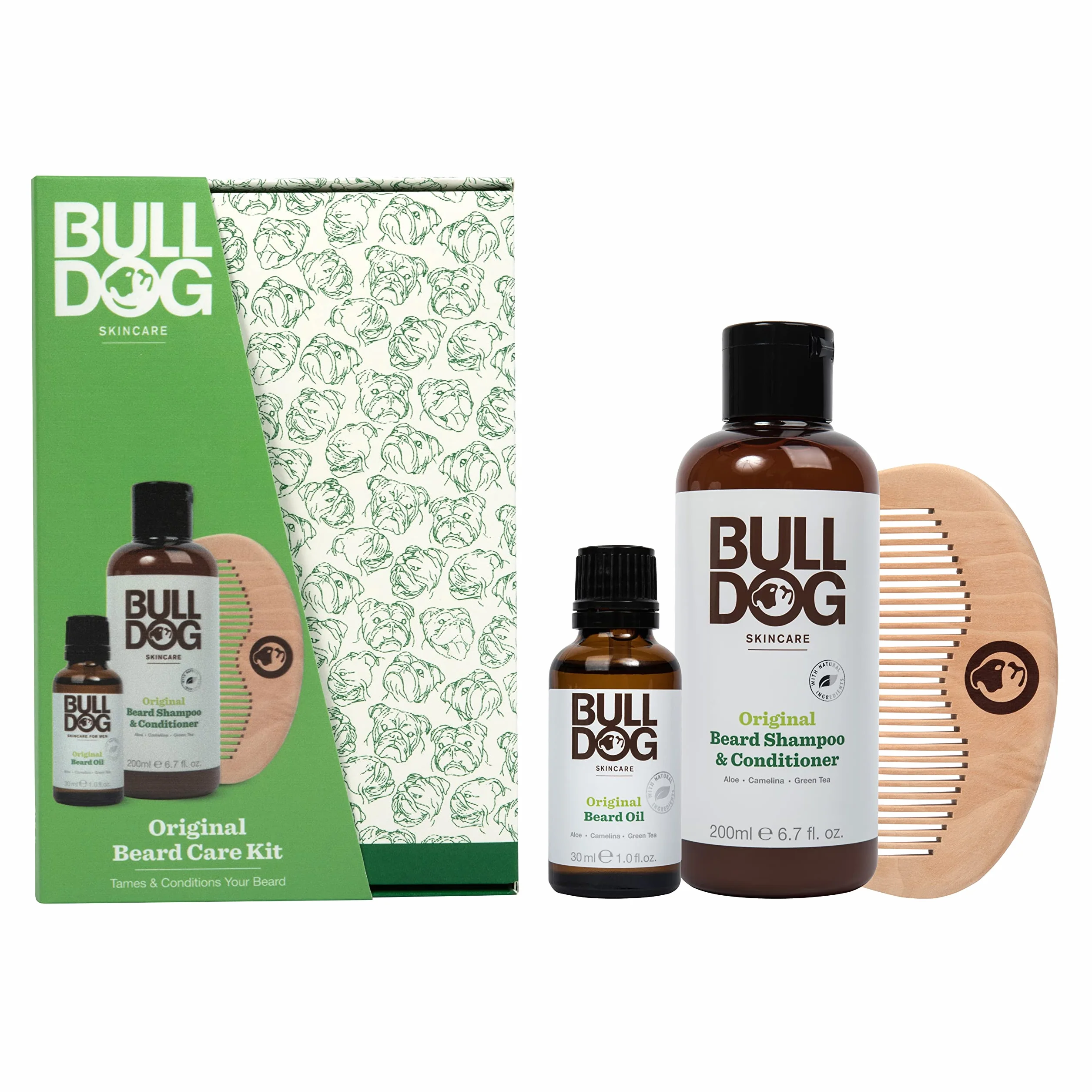 BULLDOG Bulldog Skincare - Kit original para el cuidado de la barba, set de regalo para hombres, aroma original, (x1 champú y acondicionador para barba original de 200 ml, x1 aceite para barba