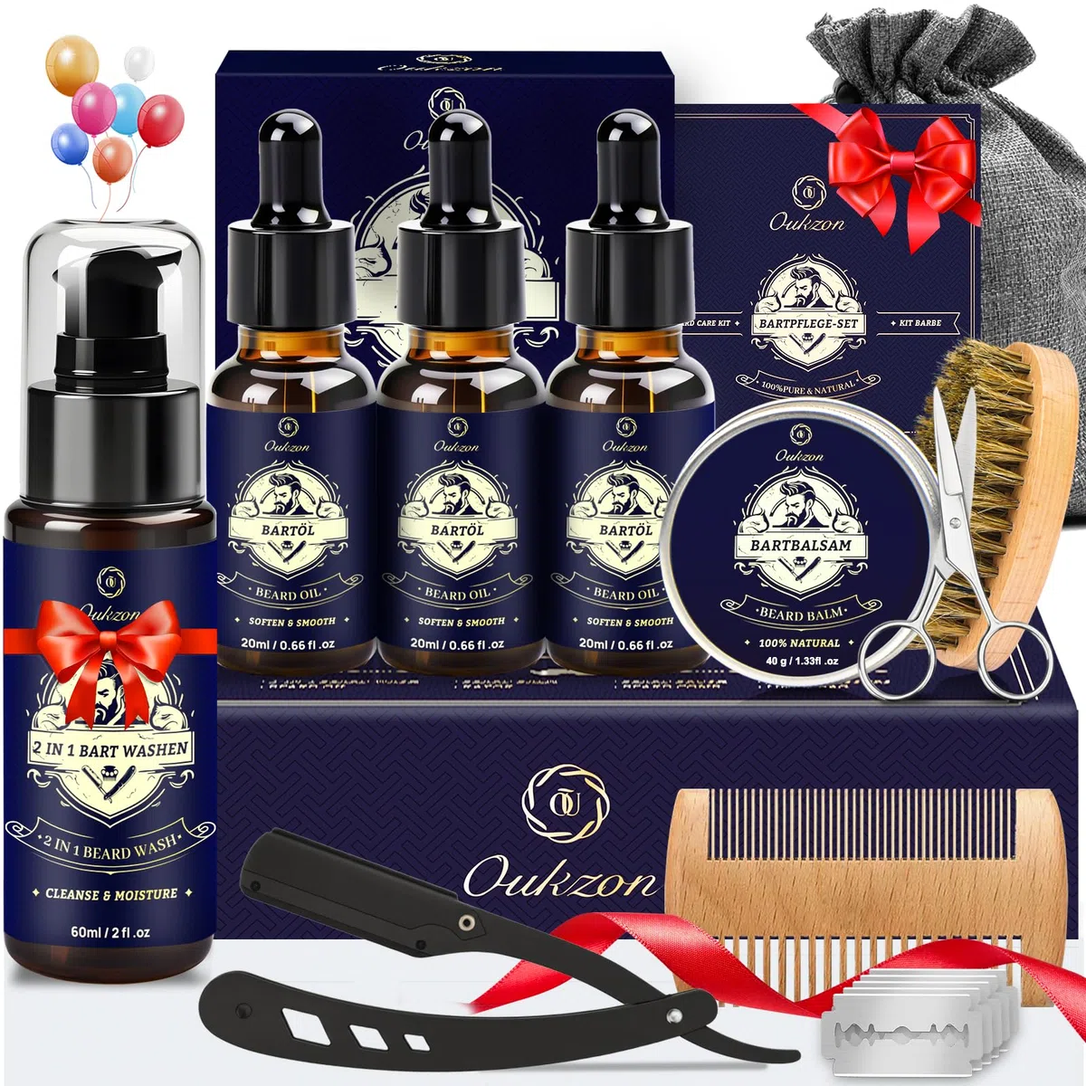 Kit de aseo de barba Oukzon para hombres, set de cuidado de barba 11 en 1 con lavado y acondicionador de barba 60ML, 3 aceites de barba, bálsamo de barba, cepillo de barba, navaja recta, regalos de