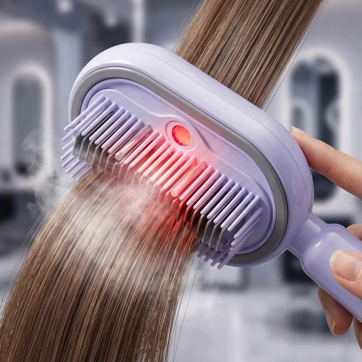 Cepillo de vapor eléctrico para cabello, alisador antiencrespamiento con pulverizador, masajeador capilar, kit completo 3 estilos，morado