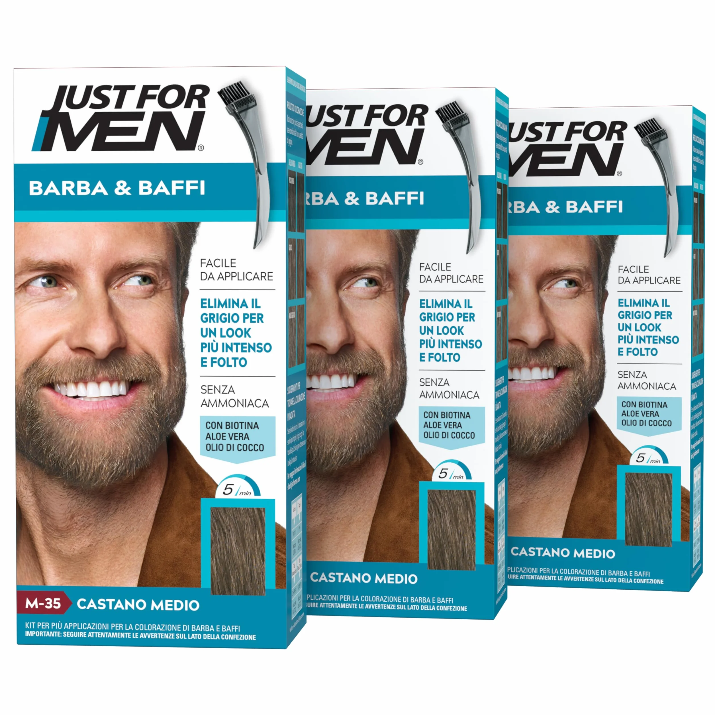 Just for Men Barba & Bigote, tinte para barba para hombre, color castaño medio, tinte para eliminar las canas, con peine aplicador, M35 (3 unidades)