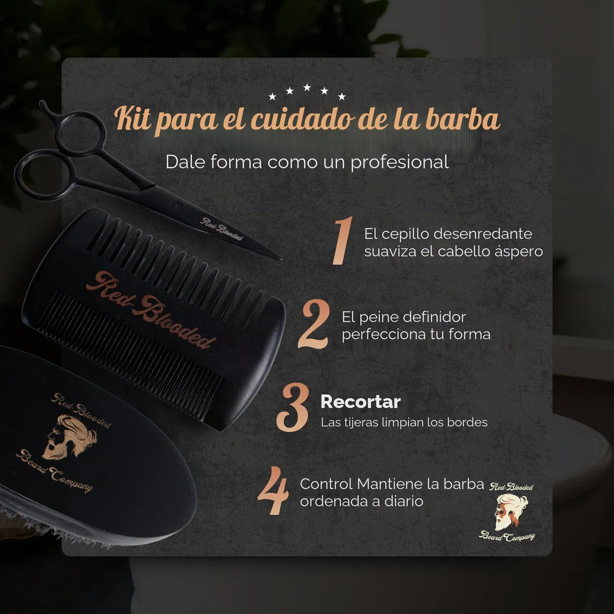 Red-Blooded kit barba hombre con aceite para barba, bálsamo para barba, cepillo para barba, peine para barba y tijeras para barba. Colonia perfumada hecha con aceite de jojoba y aceite de macadamia