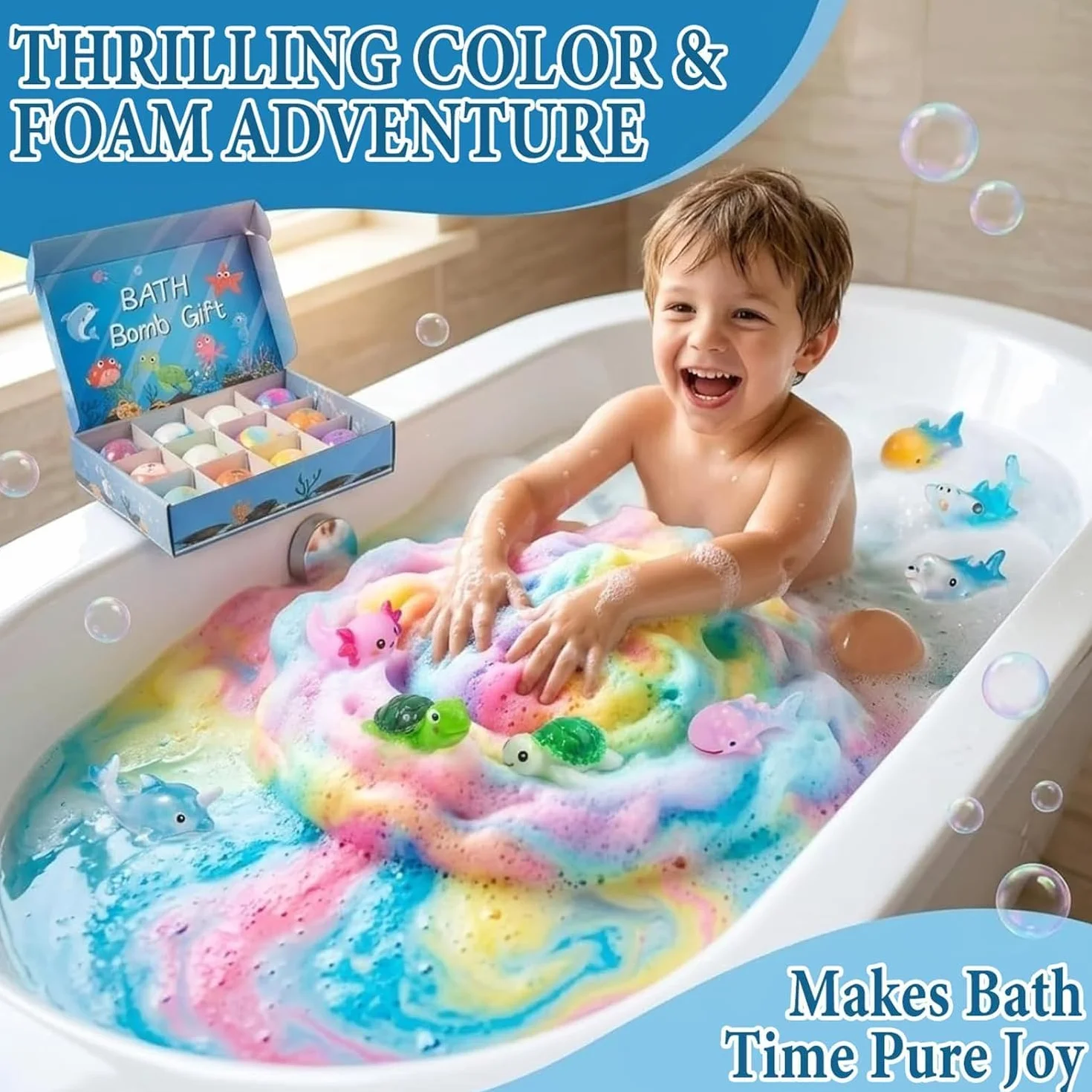 STOAT Bombas de Baño Niños con Sorpresa, 12Pcs Caja Regalo con Juguetes, Naturales Bio, Espuma Baño Suave para Niños y Niñas