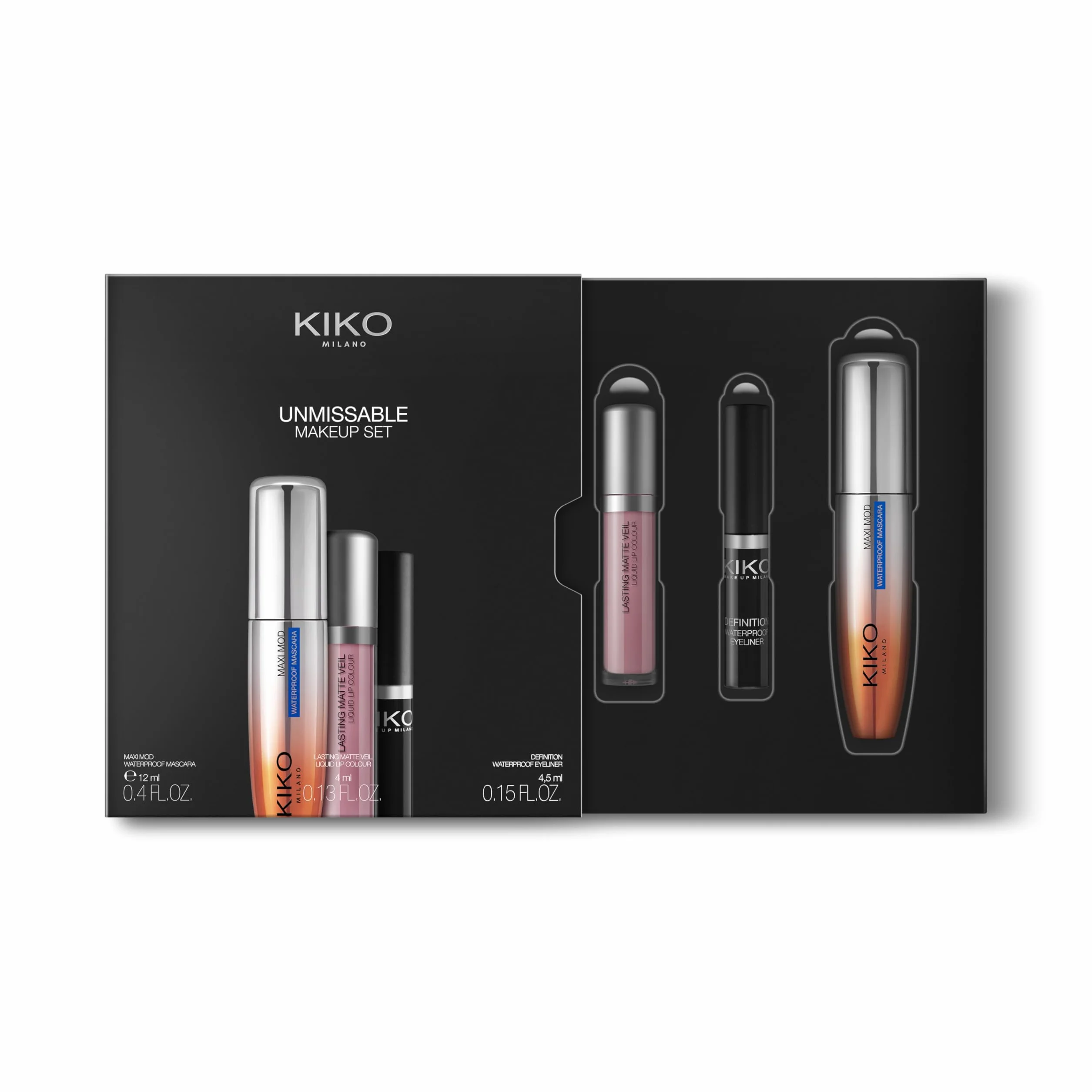 KIKO Milano Unmissable Makeup Set, Kit De Maquillaje: Máscara De Pestañas Y Delineador De Ojos Resistentes Al Agua, Labial Líquido Mate