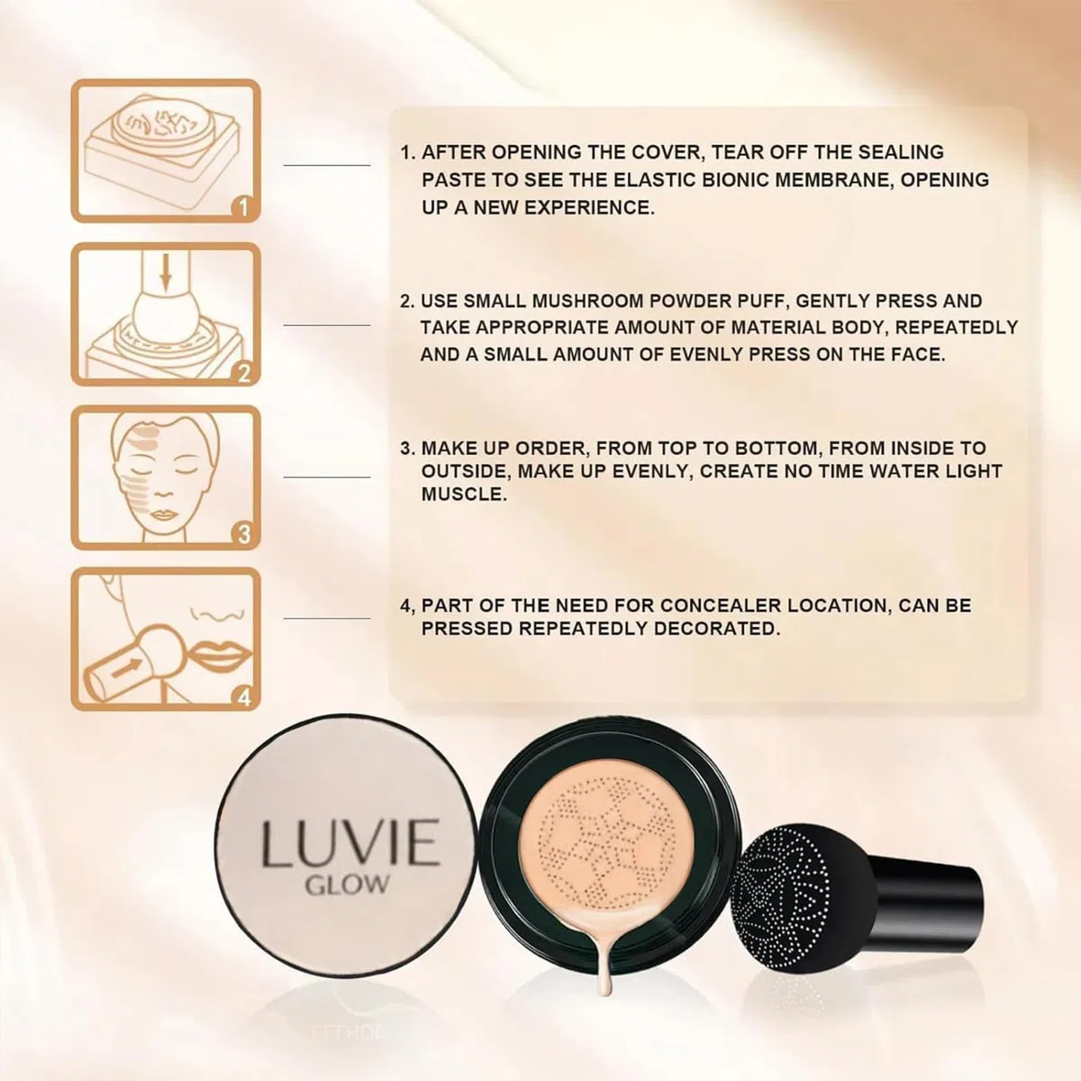 Luvie Glow Foundation Cushion, Mushroom Head Air Cushion CC Cream, BB Cream Base de maquillaje facial, corrector hidratante que ilumina el tono de piel uniforme y duradero para (Warm)