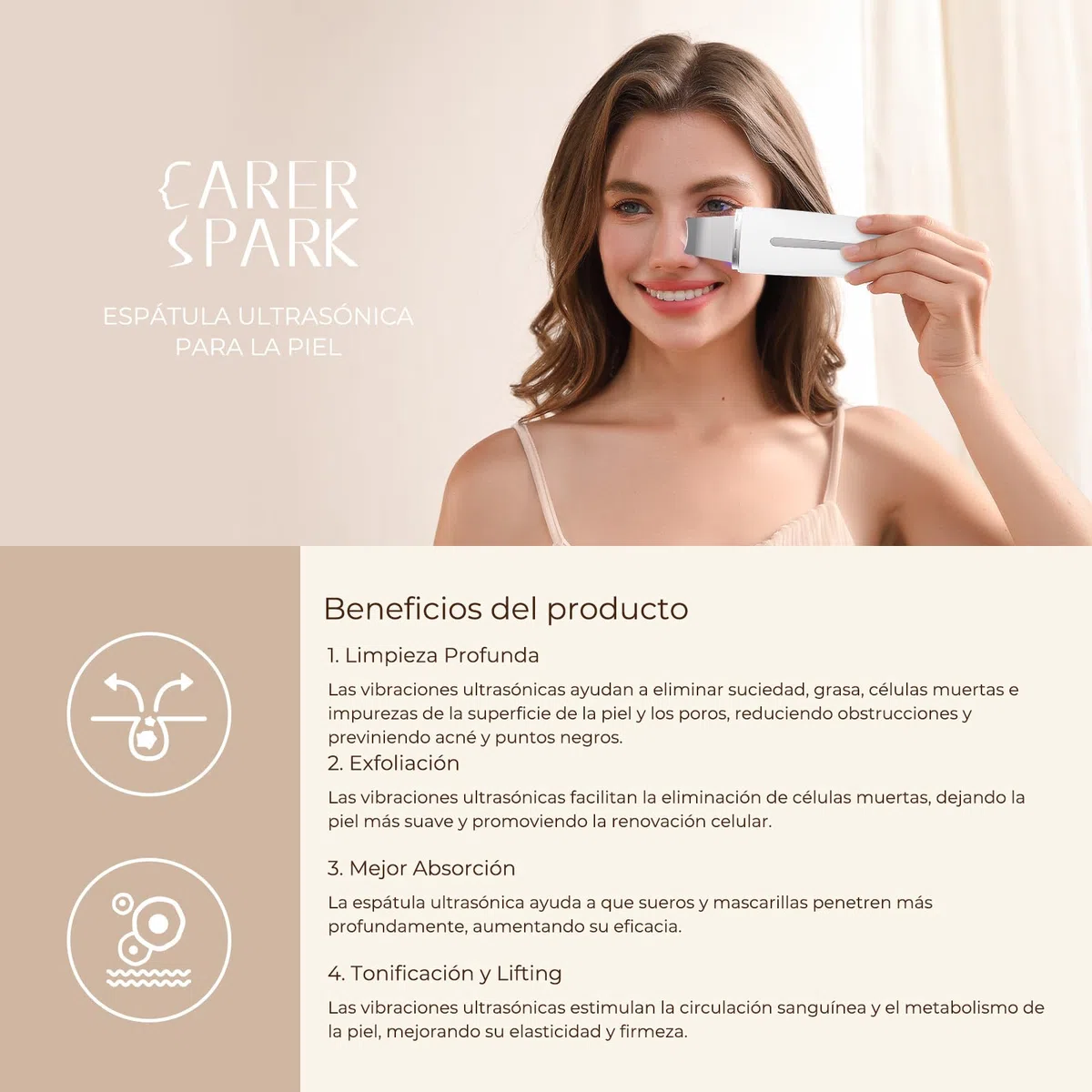 CARER SPARK Peeling Ultrasónico Facial – Espátula Facial Ultrasónica EMS e Iones y Terapia de Luz, 4 Modos para Limpieza Profunda Eliminación de Puntos Negros Exfoliación Suave Recargable USB