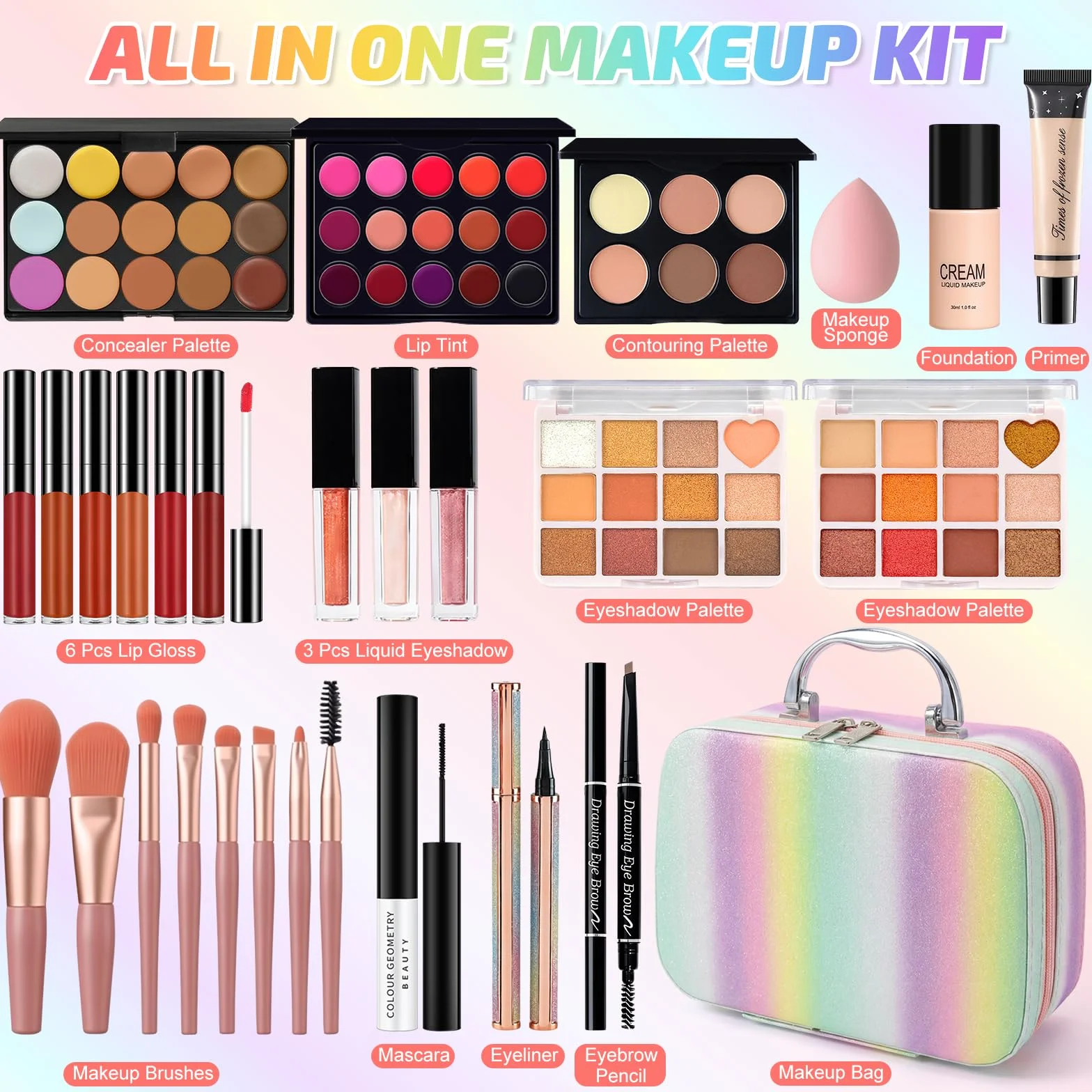 Kit de Maquillaje Profesional Completo, Set Maquillaje Adolescente Chica Mujer con Bolsa Maquillaje Viaje, Pack Maquillaje Regalo con Paleta Sombras Ojos Rímel Gloss Labios Base Maquillaje Corrector