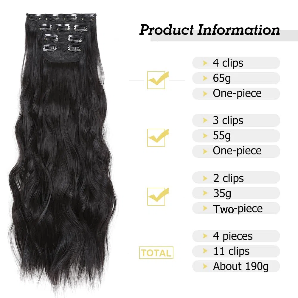 Clip in Hair Extensions Juego de 24 Pulgadas 4 Piezas Rizado Clip de Extensión de Cabello, Piezas de Cabello Para Mujeres YDDM Fibras de Cabello Sintéticas A(1B#)