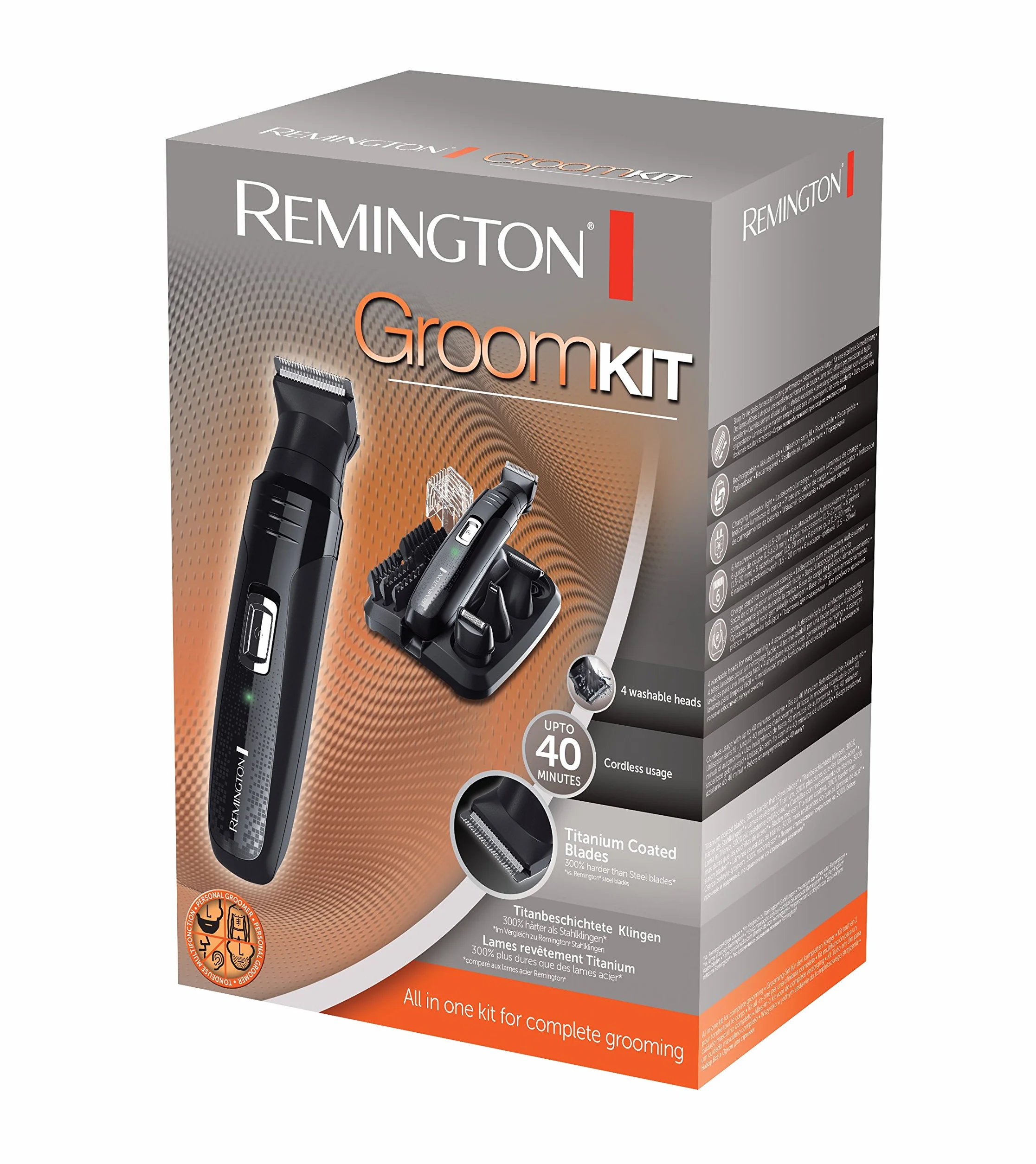 Remington Recortadora de Barba y Cortapelos Groomkit - Barbero y Máquina de Cortar Pelo Inalámbrico, Revestimiento de Titanio, 10 Accesorios, Base de Almacenamiento, 40 min Autonomía - PG6130