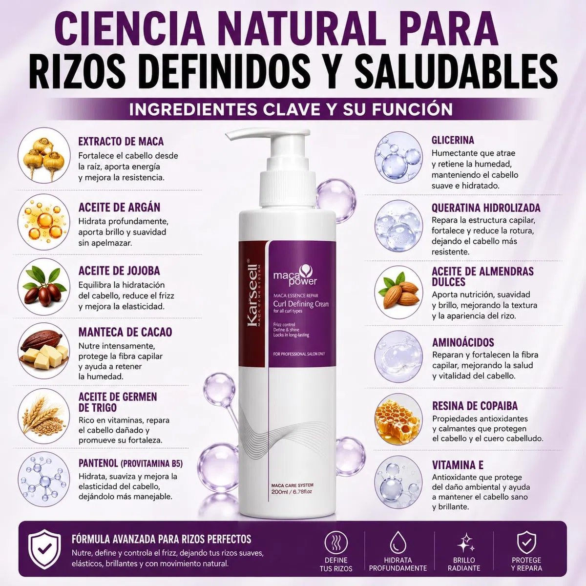 Karseell MACA CARE SYSTEM Crema Definidora de Rizos con Aceite de Argán Colágeno Coco Jojoba Hidratante Nutritiva Reparadora Antiencrespado Antifrizz Cabello Rizado Seco Dañado Brillo Suavidad 200ml