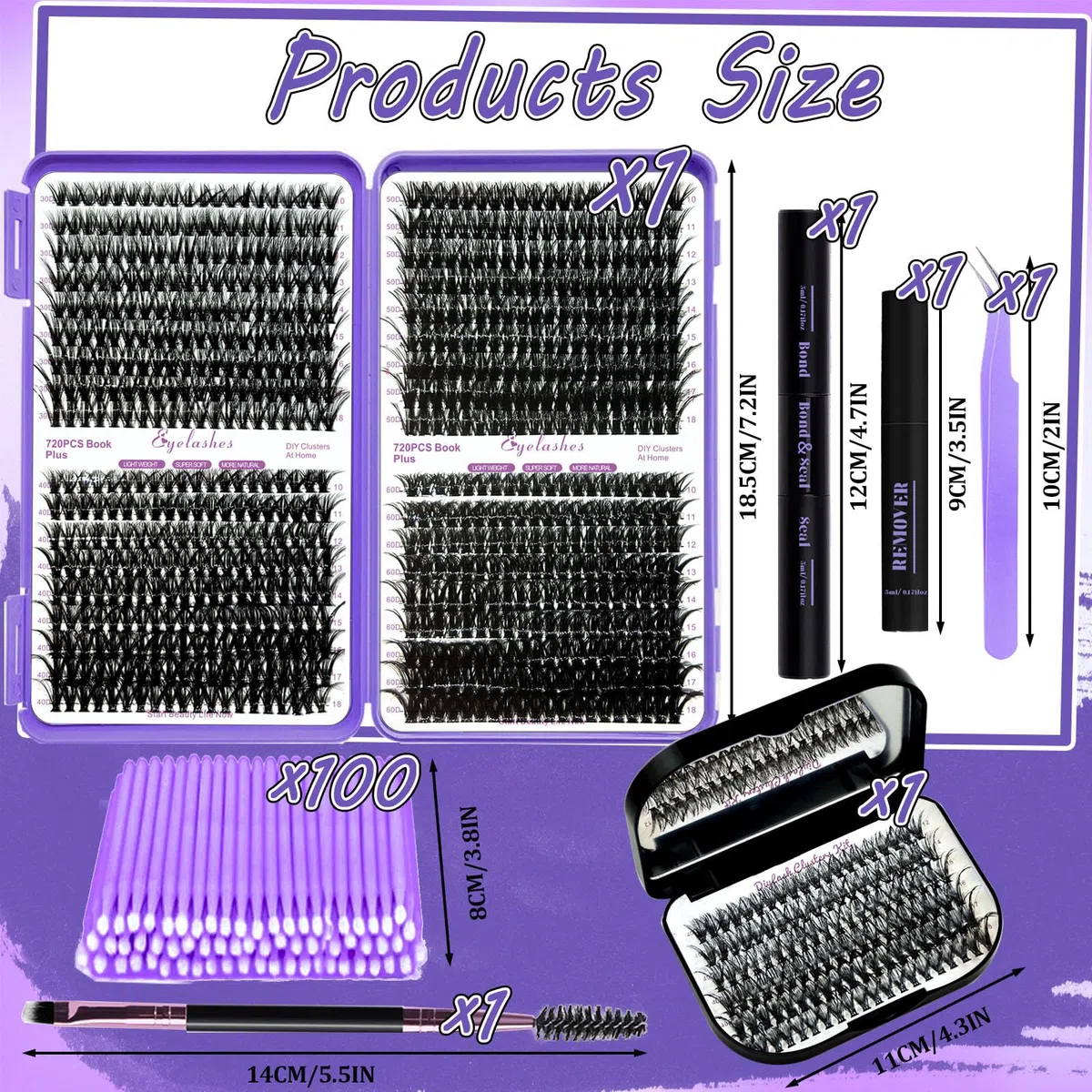 DNSGOOR Kit de Extensión de Pestañas DIY 840 Lash Cluster Caja de Pestañas de Espejo,Pegado y Sellado de Pestañas,Eliminación de Pestañas,Cepillo de Pinzas Mini Aplicador