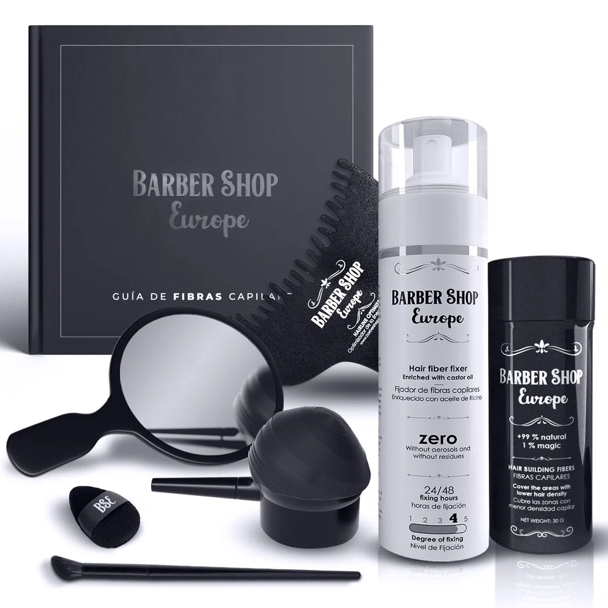 Kit Fibras Capilares Castaño Oscuro - Hair Fiber - Fibra Capilar Hombre Mujer - Aplicador - Fijador Aceite Ricino - Guía de Fibras Capilares - Optimizador Línea - Espejo y Pincel de retoque