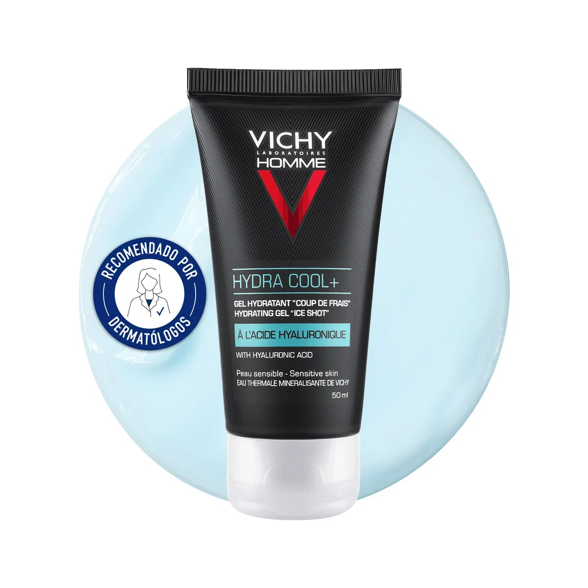 Vichy Gel Hidratante, Sensación de Frescor Inmediata, Efecto Frío -2, Hidratación, Enriquecido con Ácido Hialurónico, Apto para Pieles Secas, Homme Hydra Cool+, 50ml