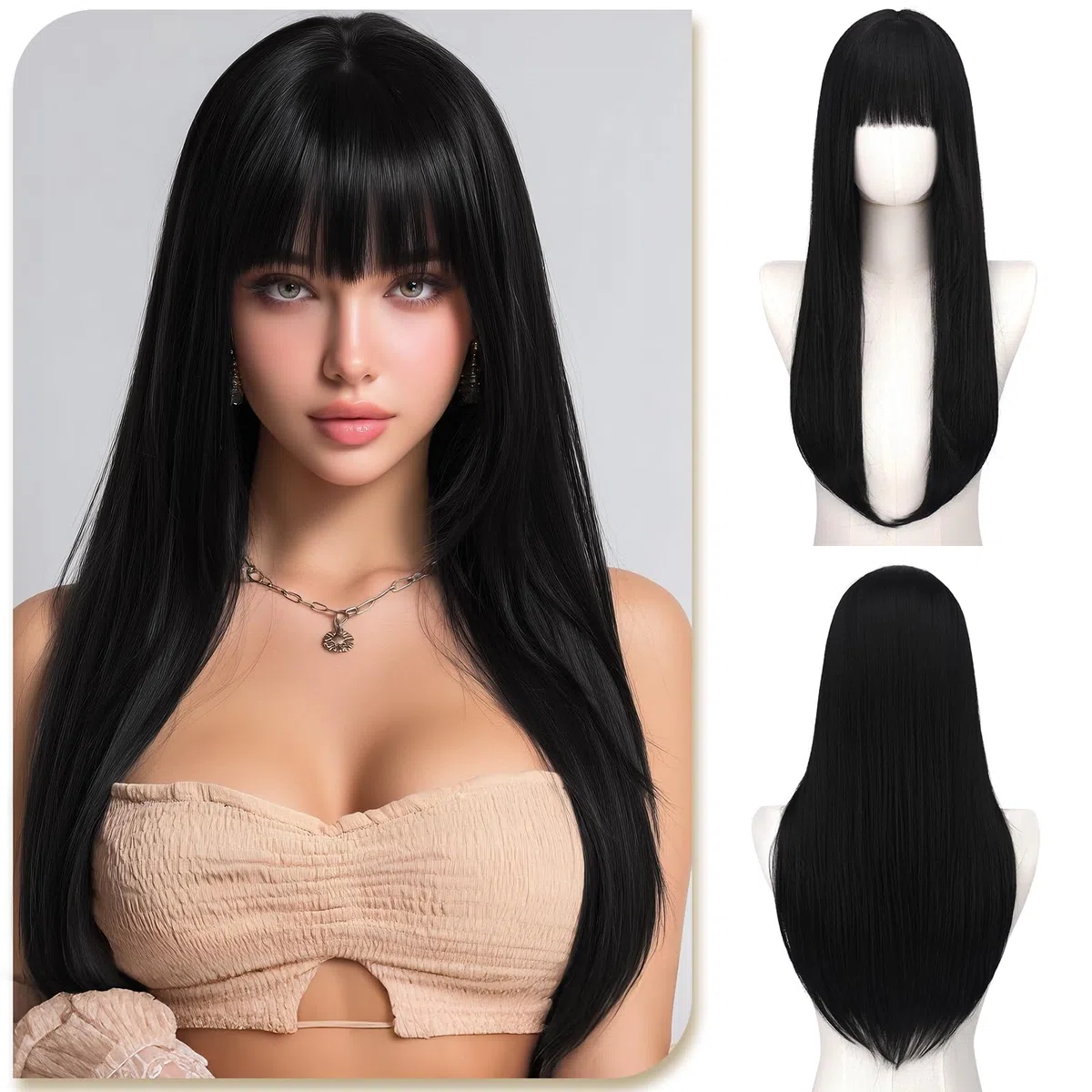 Sofeiyan Negro Natural Peluca con Flequillo,60 cm Pelucas Larga y Lisa de,Sintética Resistente al Calor Peluca Natural Elegante para Mujer,para Diarios Citas Fiesta Vacaciones