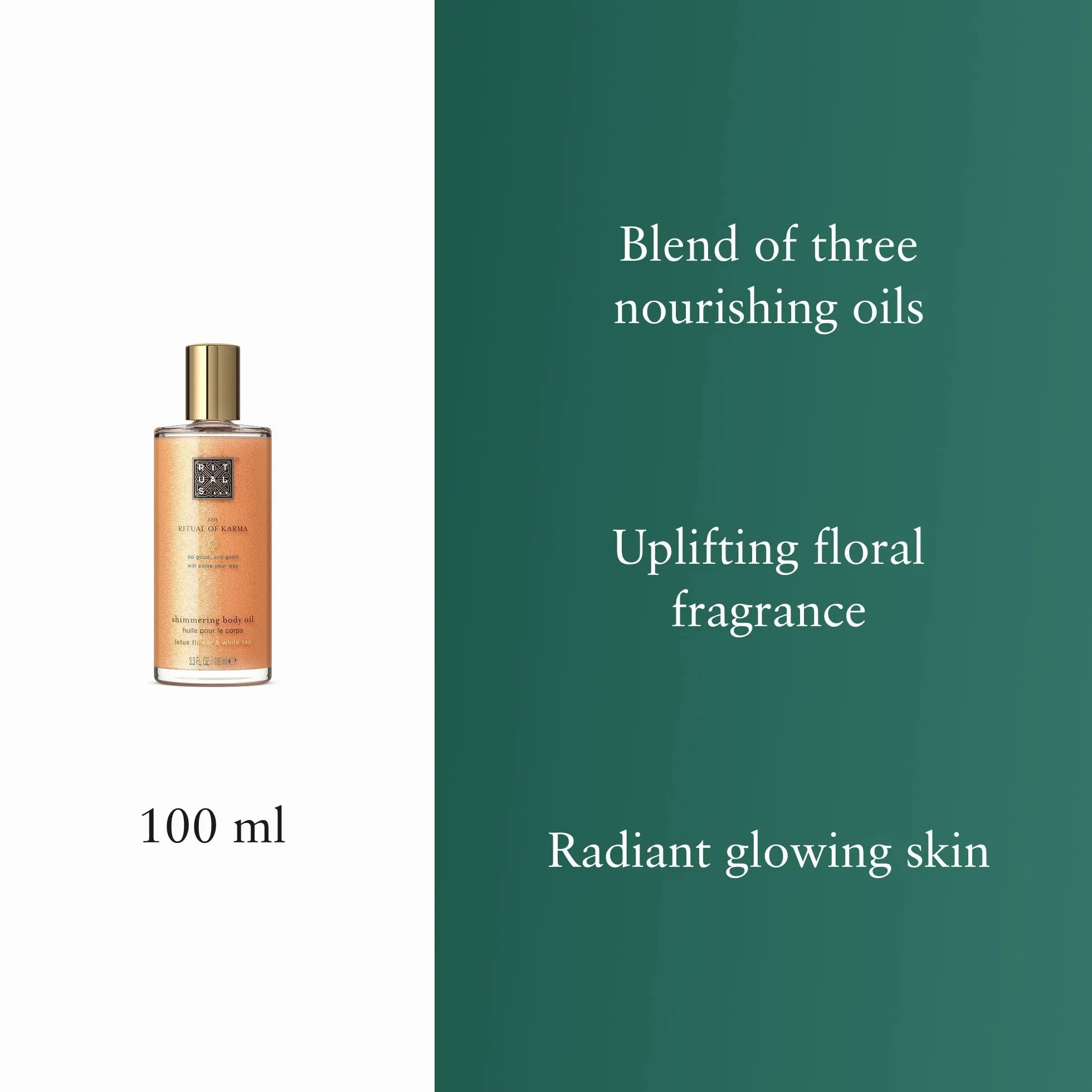 RITUALS Shimmer Body Oil The Ritual of Karma, Aceite Corporal Iluminador para una Piel Radiante con Flor de Loto, Extracto de Té Blanco y Aceites Nutritivos, 100 ml