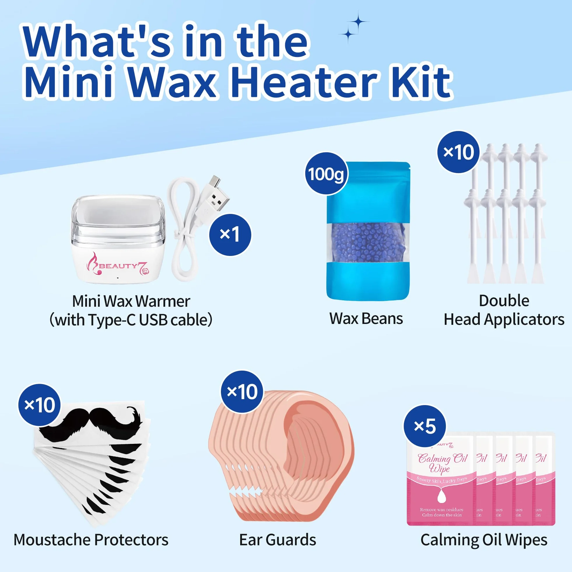 Mini Kit de Depilación Profesional para Hombres y Mujeres, para Cara, Orejas y Nariz, 100g de Cera para Vello, 10 Aplicadores 10 Moldes para Bigote, Depilación Segura, Rápida y Sin Dolor