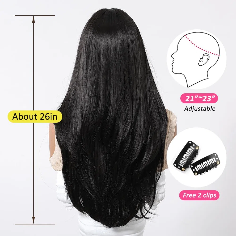 Peluca Larga de Mujer Negra con Flequillo Recto Natural Pelucas de Pelo Sintético Resistentes al Calor para Uso Diario en Fiestas Cosplay