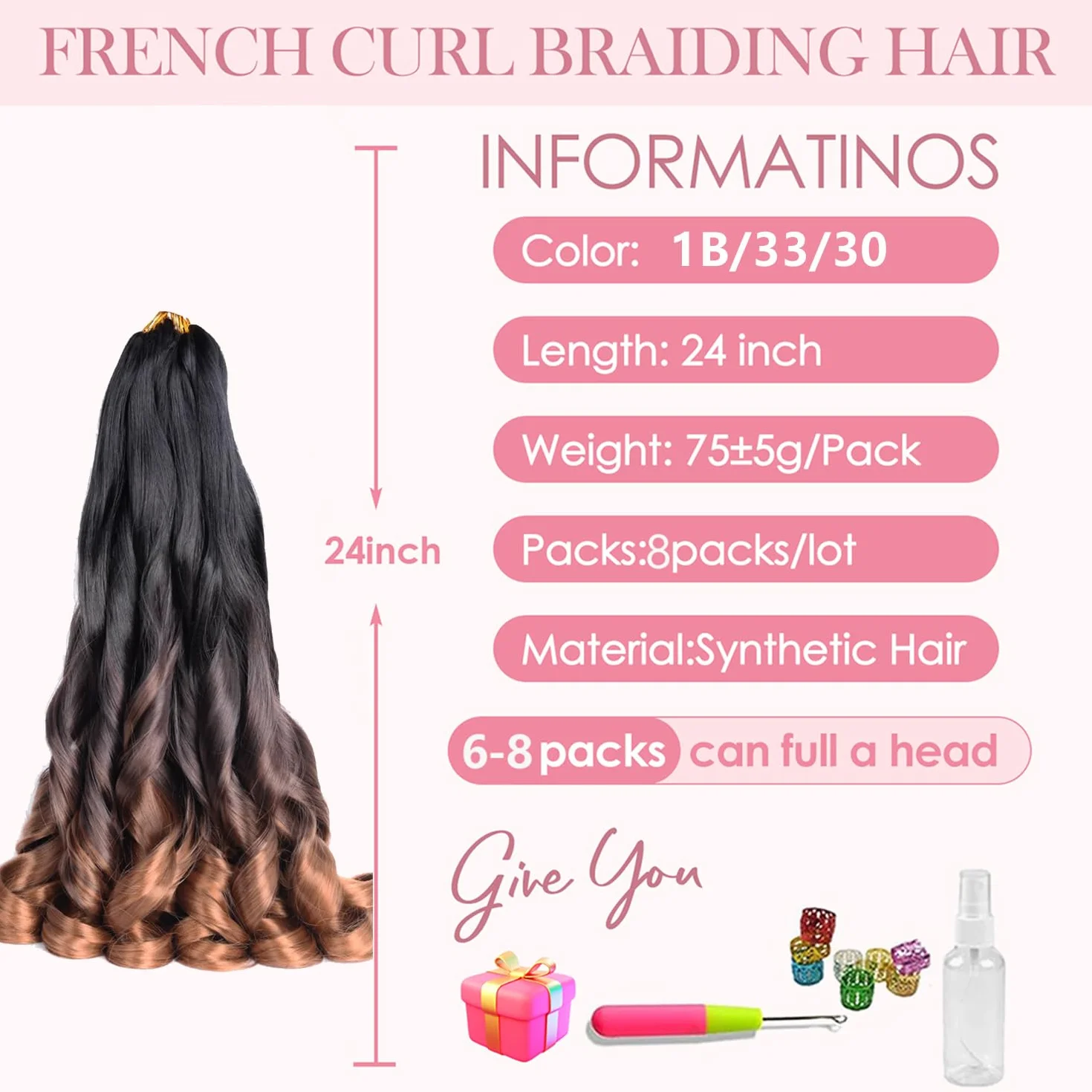 French Curl Braiding Hair 24 Inch 8 Packs Pre Stretched Loose Wave Bouncy Braiding Hair Spanish Curly Ends Synthetic Hair Extensions for Braiding（1B/33/30）