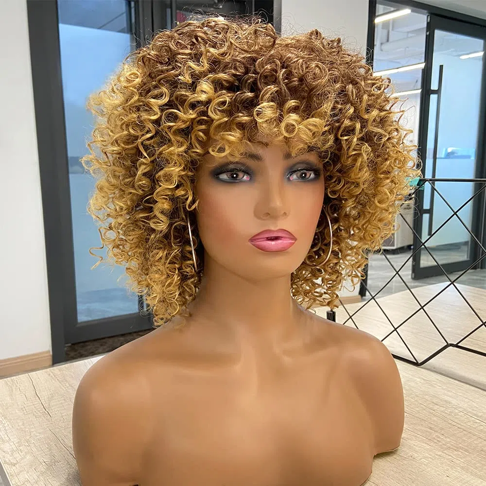 Peluca Afro Marrón Rubio Brasileño Sintético Rizado Pelo Natural para Mujeres, con Flequillo, Pelucas Cortas para Mujeres Negras