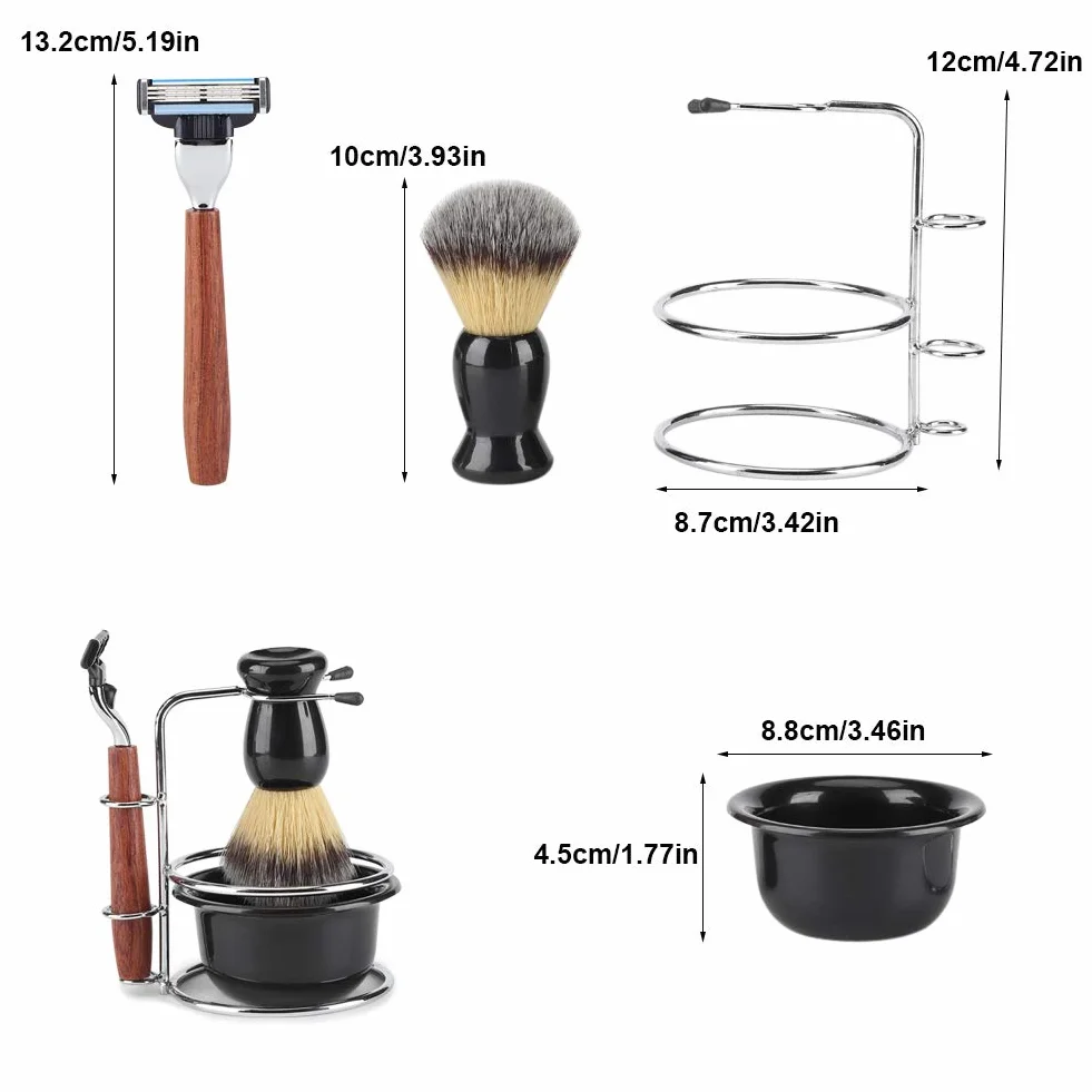 Kit de afeitar de 4 piezas Juego de afeitadora de afeitar Manual de afeitar + Soporte de soporte de acero Stainess + Brocha + Juego de tazón