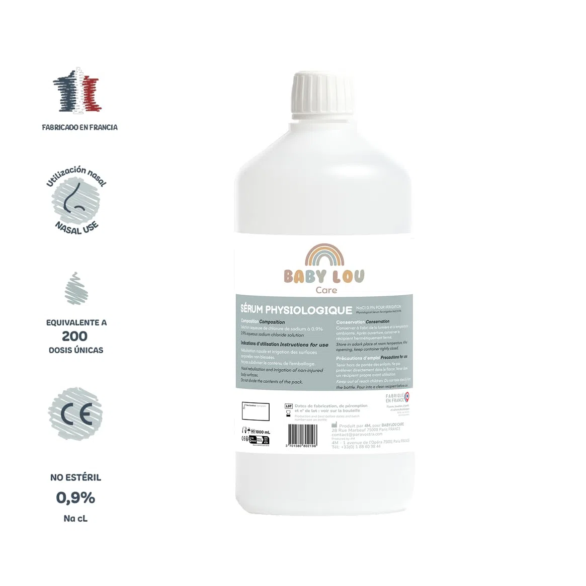 Suero Fisiológico botella 2x1L | NaCl 0,9% | Fabricado en Francia | Lavado de las fosas nasales | Higiene nasal | Para irrigación externa
