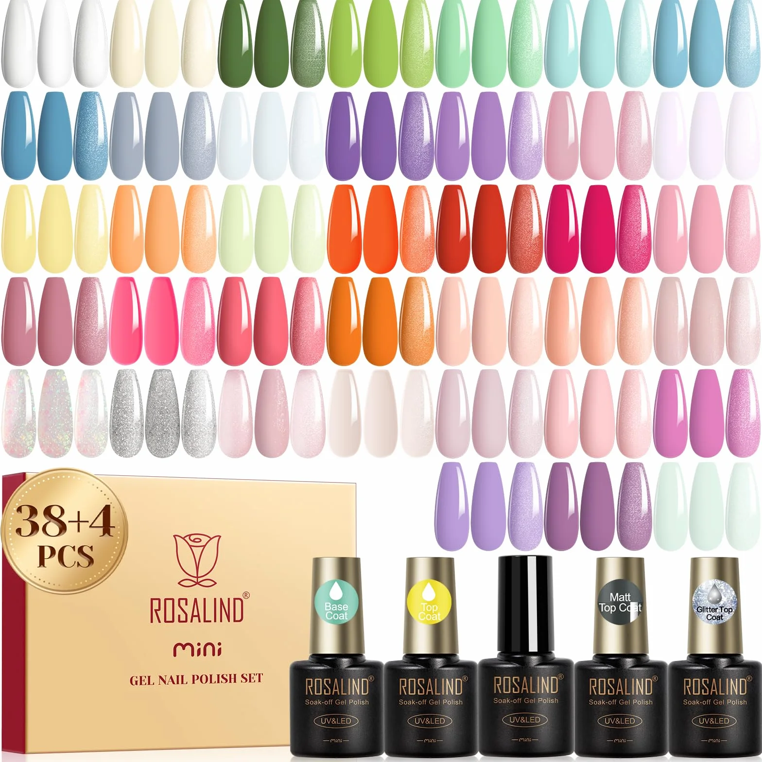 ROSALIND Esmaltes Semipermanentes Para Uñas, 42 Piezas Pastel Blanco Amarillo Verde Azul Violeta Colores Esmaltes Semipermanente, UV/LED Naranja Nude Pintauñas Semipermanentes Nail Art Regalo