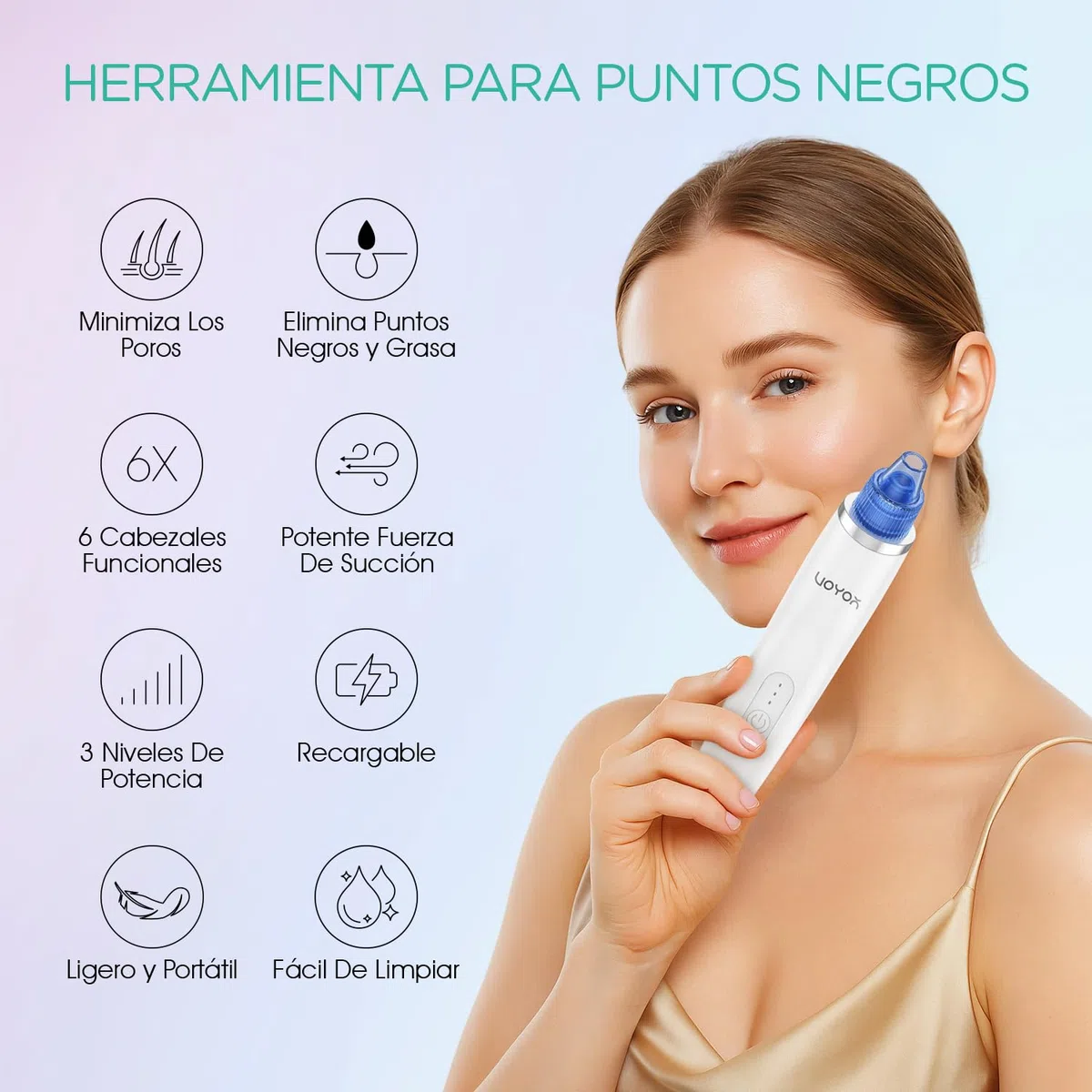 VOYOR Aspirador de Puntos Negros 6 Cabezas de Succión Recargable Herramienta para Limpiar Poros Eliminar Espinillas Comedones y Barros BR410