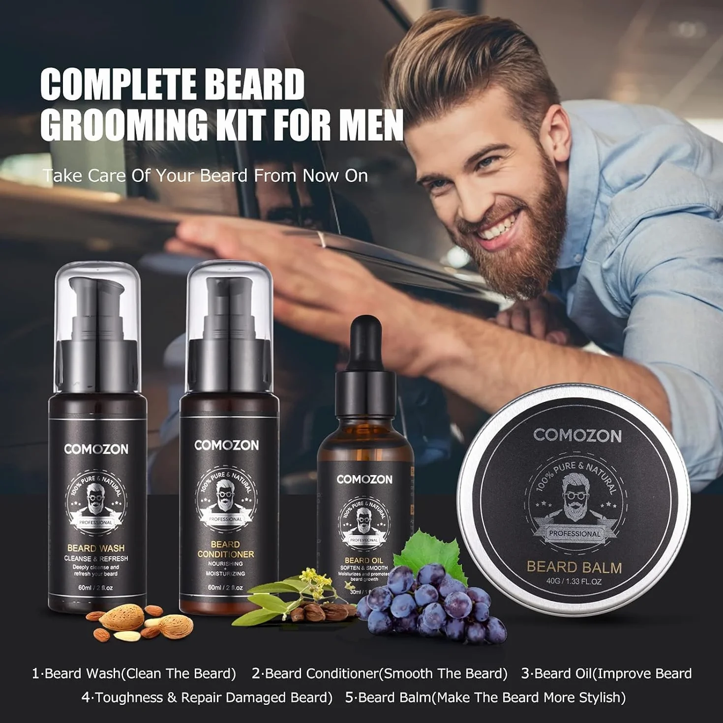 Kit Cuidado Barba Hombre 12 en 1 - Champú, Acondicionador, Aceite, Bálsamo, Rodillo, Afeitadora, Cepillo, Peine, Tijeras - Regalo Original para Hombres/Papá - Incluye Bolsa y Cesta