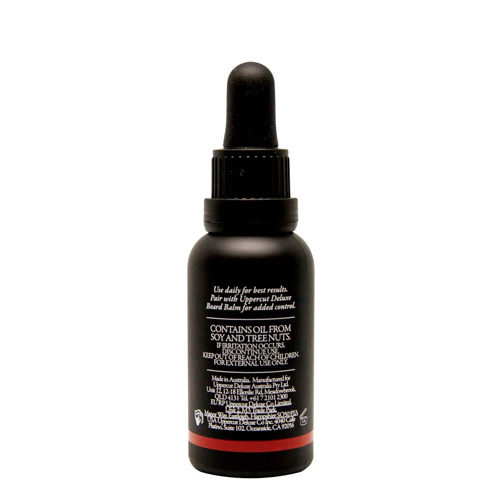 Uppercut Deluxe Aceite para Barba, Acondicionador Ligero para Barba con Aceites Esenciales para Nutrir la Barba, Aplicación Suave y Acabado Ligero, Fragancia a Pachulí y Cuero, 30ml