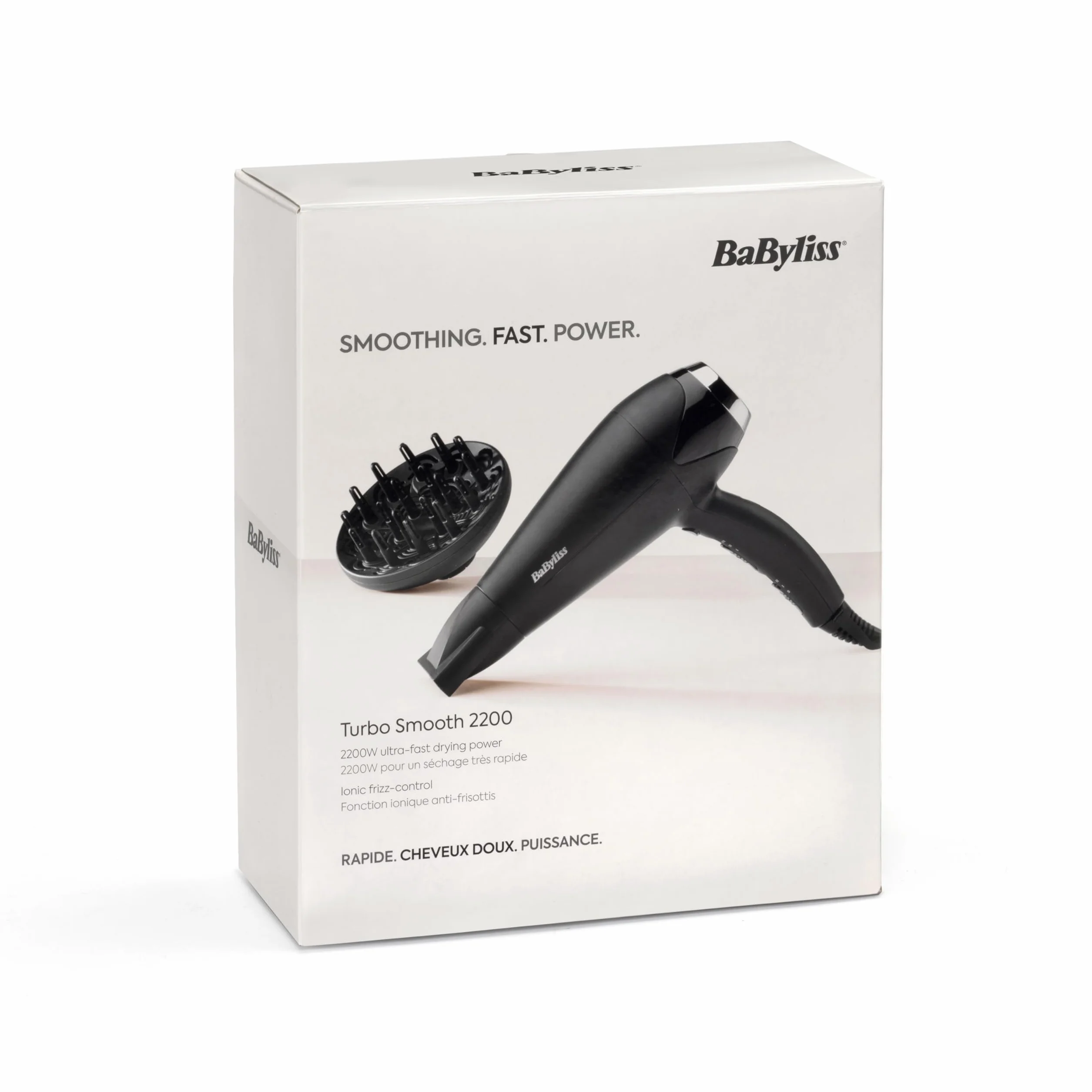 BaByliss Secador de Pelo Turbo Smooth - Secador potente de 2200W, Difusor grande, Tecnología iónica antiencrespamiento, 3 ajustes de temperatura 2 velocidades, Negro, D572DE