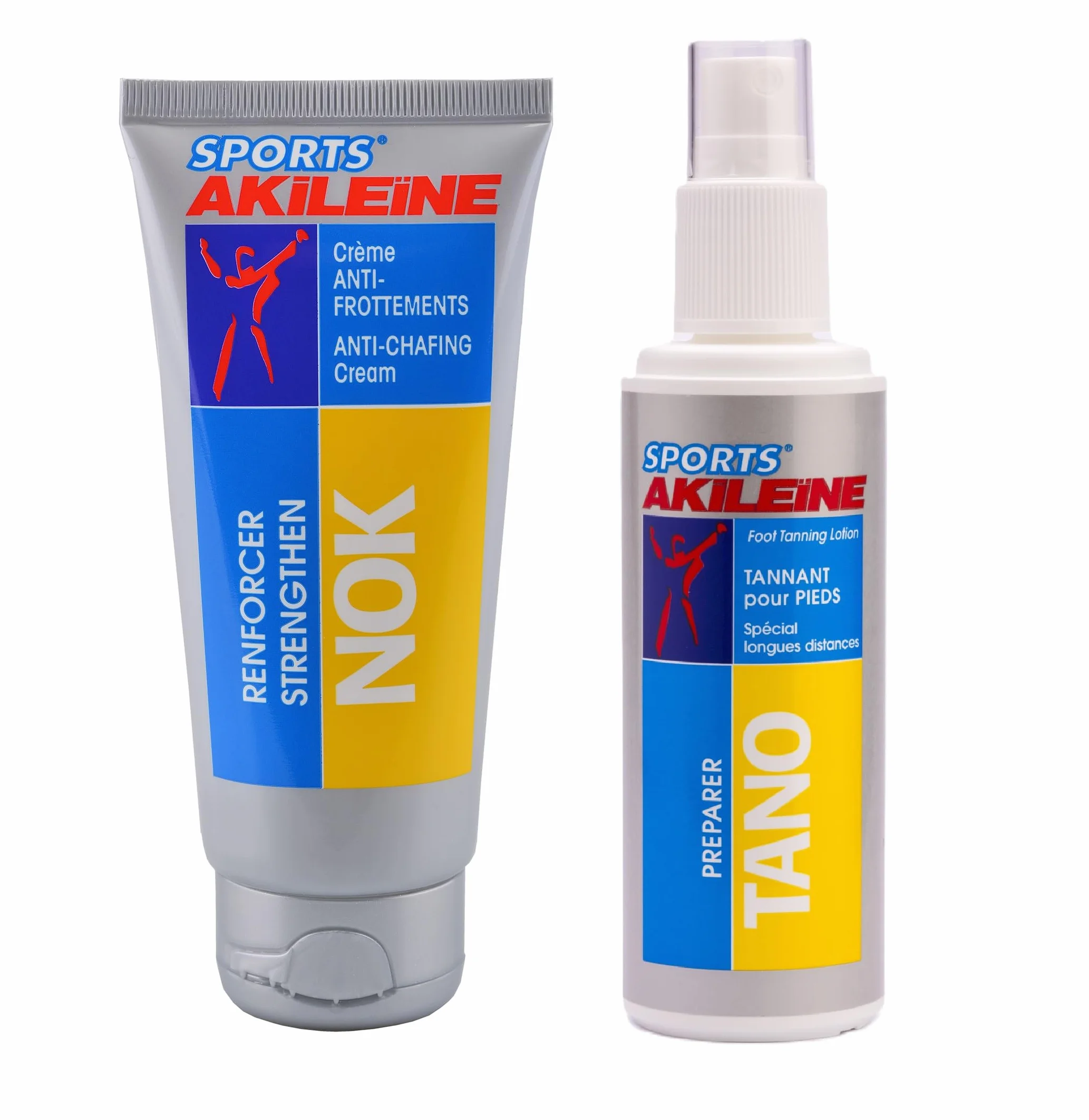 AKILEINE – Sports Nok + Tano – Pack Crema Anti-Rozaduras y Spray Preparador para Pies – Para Ampollas, Roces y Largas Distancias – 75 ml + 100 ml